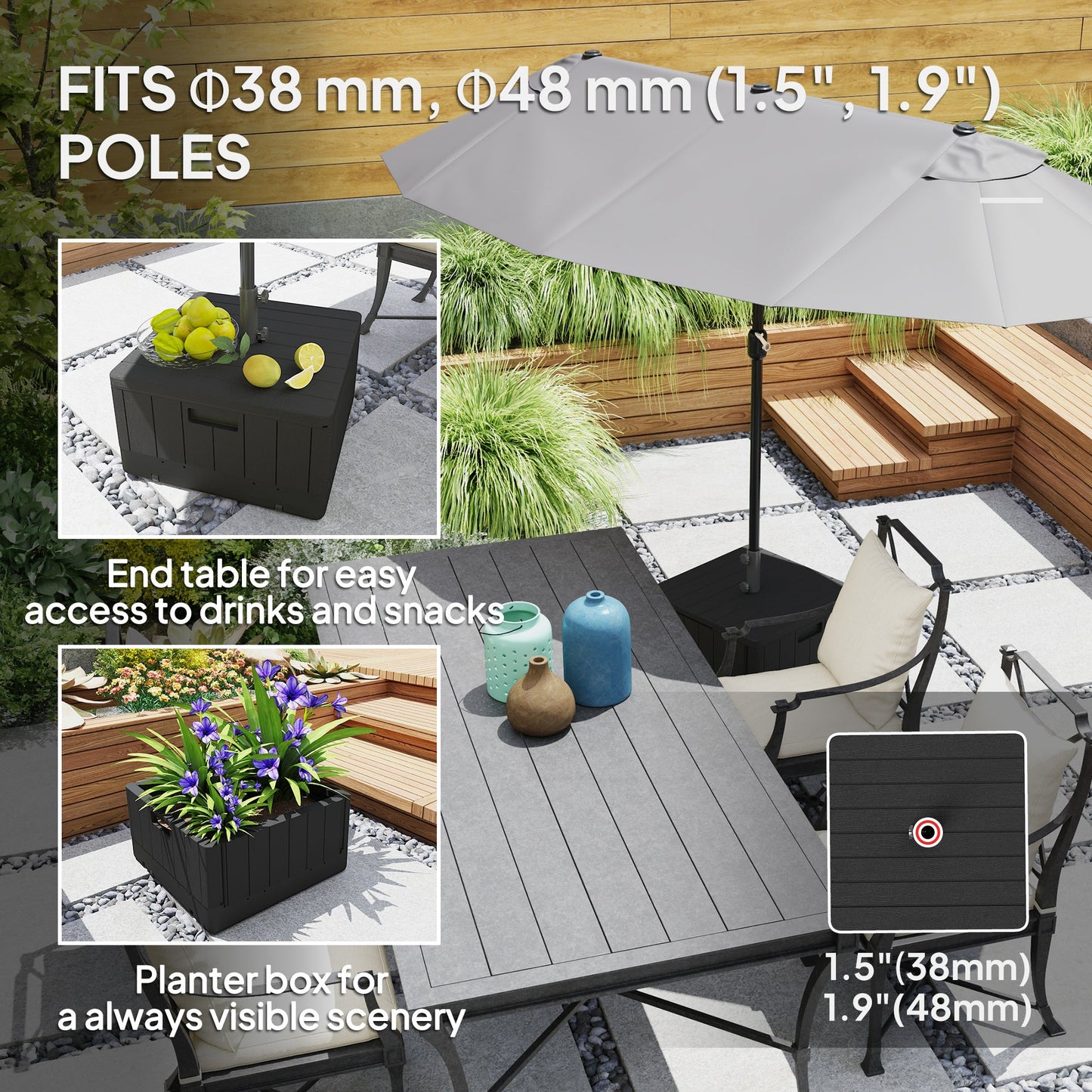 Patio Umbrella Base Outdoor Umbrella Stand with Wheels Handles, Patio Umbrella Stand, Filled Up to 176lbs with Stand or 110lbs with Water for Garden, Poolside, Black