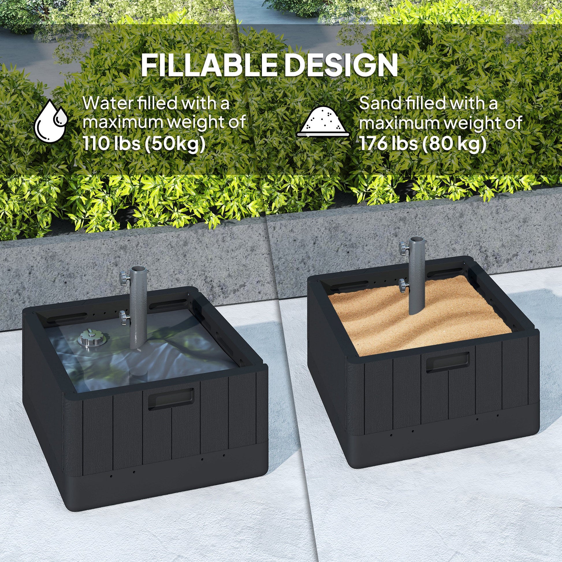 Patio Umbrella Base Outdoor Umbrella Stand with Wheels Handles, Patio Umbrella Stand, Filled Up to 176lbs with Stand or 110lbs with Water for Garden, Poolside, Black