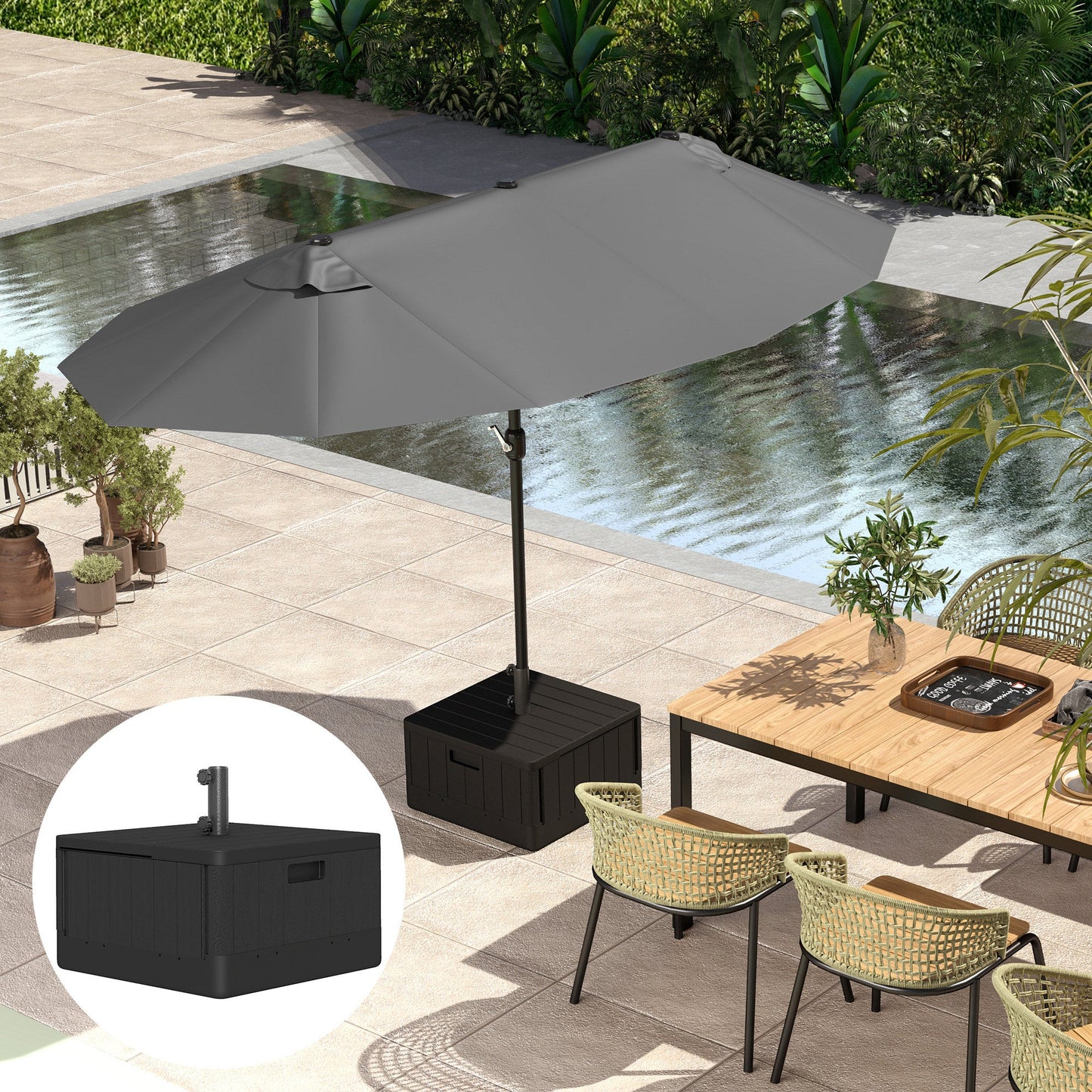 Patio Umbrella Base Outdoor Umbrella Stand with Wheels Handles, Patio Umbrella Stand, Filled Up to 176lbs with Stand or 110lbs with Water for Garden, Poolside, Black