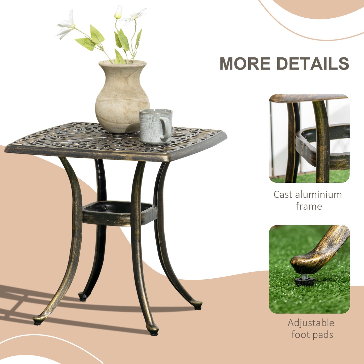 Aluminum Outdoor Side Table, 21" Square Patio Coffee Table with Umbrella Hole, Bistro End Table for Garden, Balcony, Poolside, Bronze