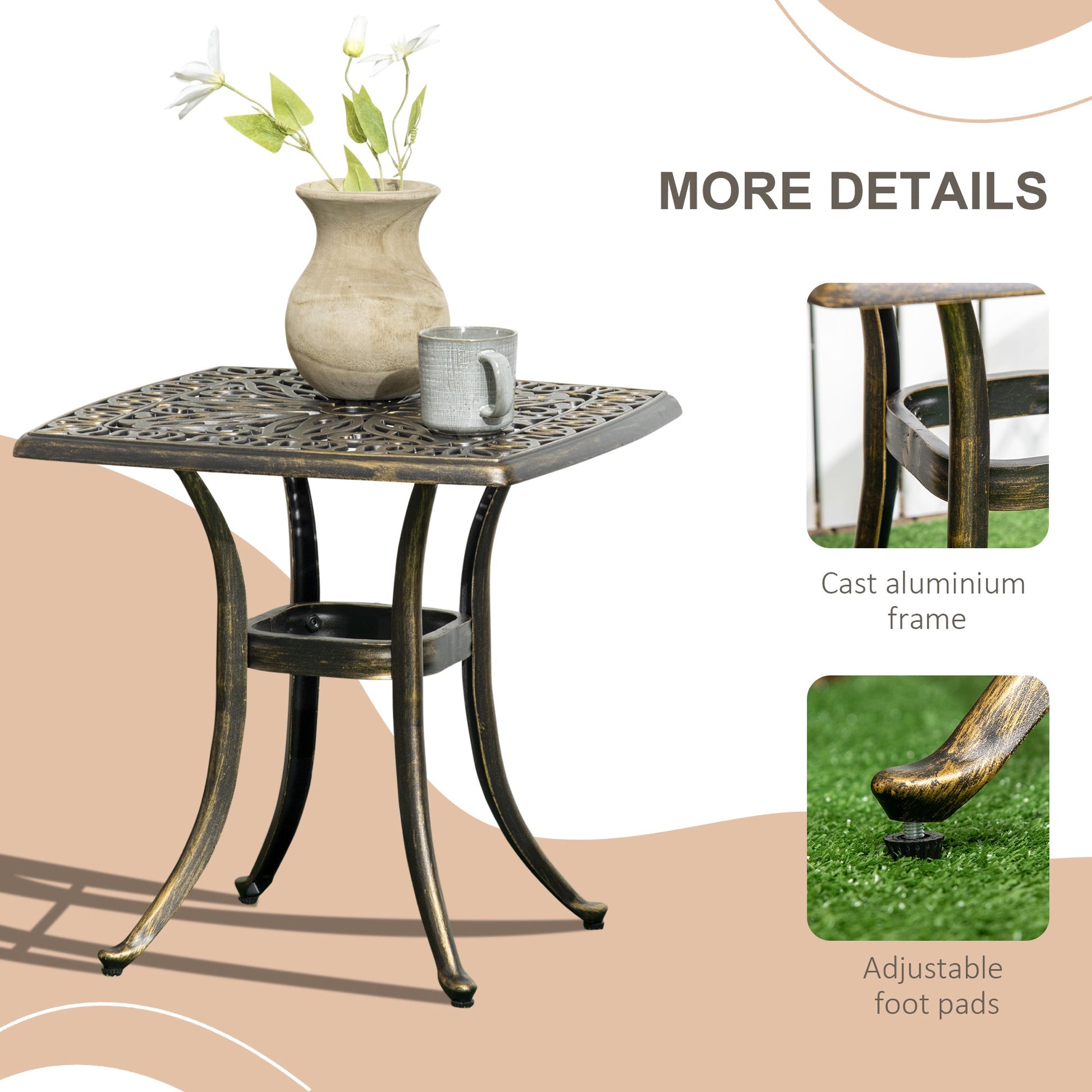 Aluminum Outdoor Side Table, 21" Square Patio Coffee Table with Umbrella Hole, Bistro End Table for Garden, Balcony, Poolside, Bronze
