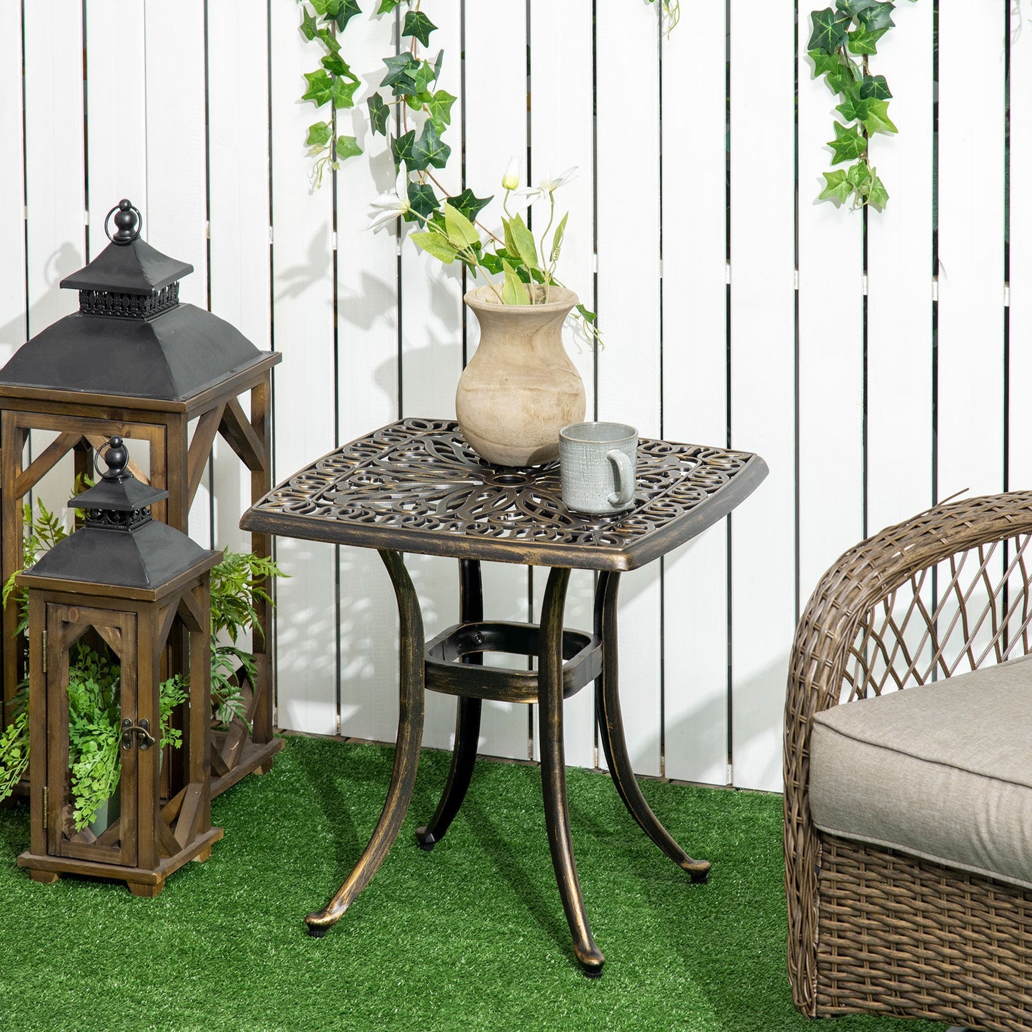 Aluminum Outdoor Side Table, 21" Square Patio Coffee Table with Umbrella Hole, Bistro End Table for Garden, Balcony, Poolside, Bronze