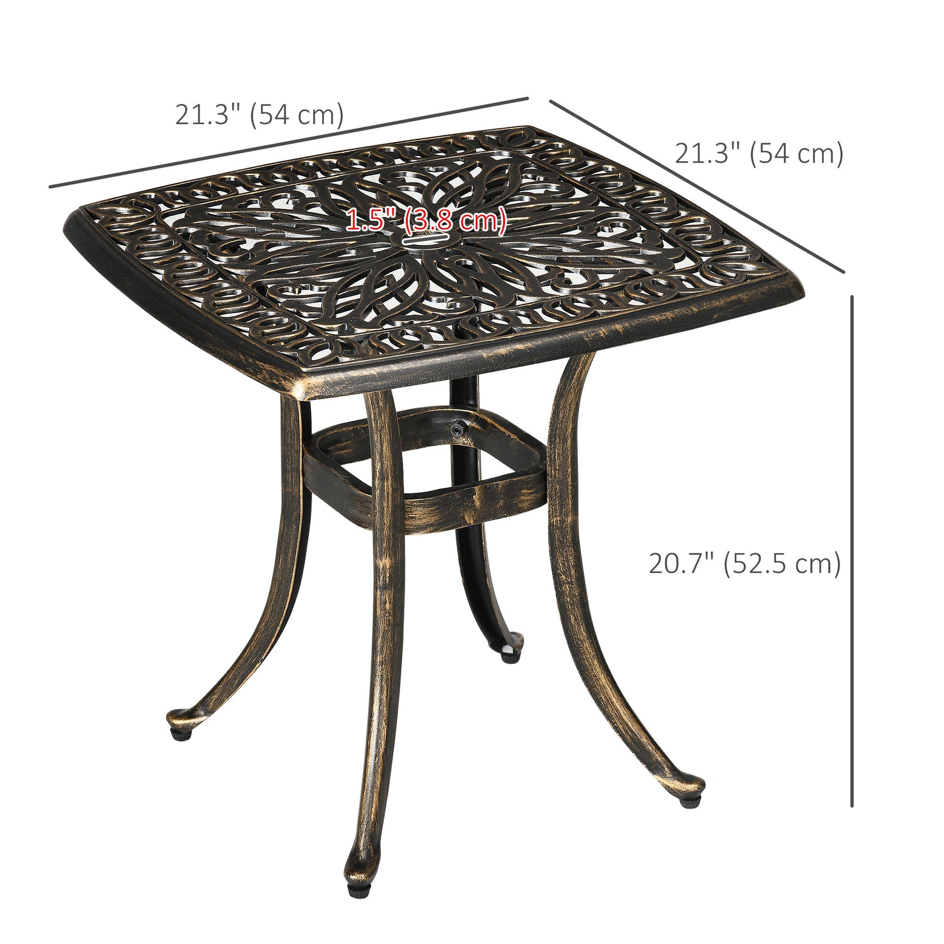 Aluminum Outdoor Side Table, 21" Square Patio Coffee Table with Umbrella Hole, Bistro End Table for Garden, Balcony, Poolside, Bronze