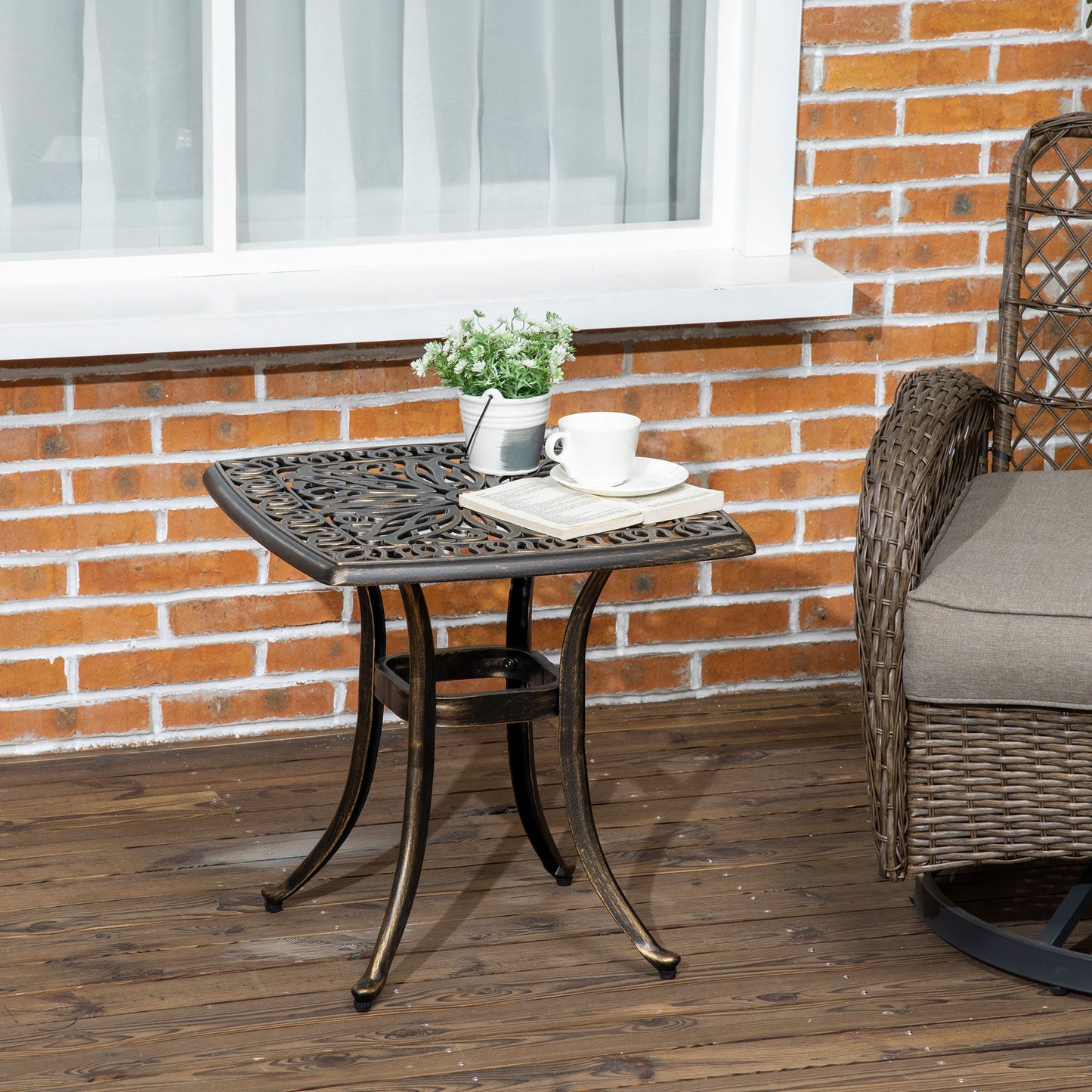 Aluminum Outdoor Side Table, 21" Square Patio Coffee Table with Umbrella Hole, Bistro End Table for Garden, Balcony, Poolside, Bronze