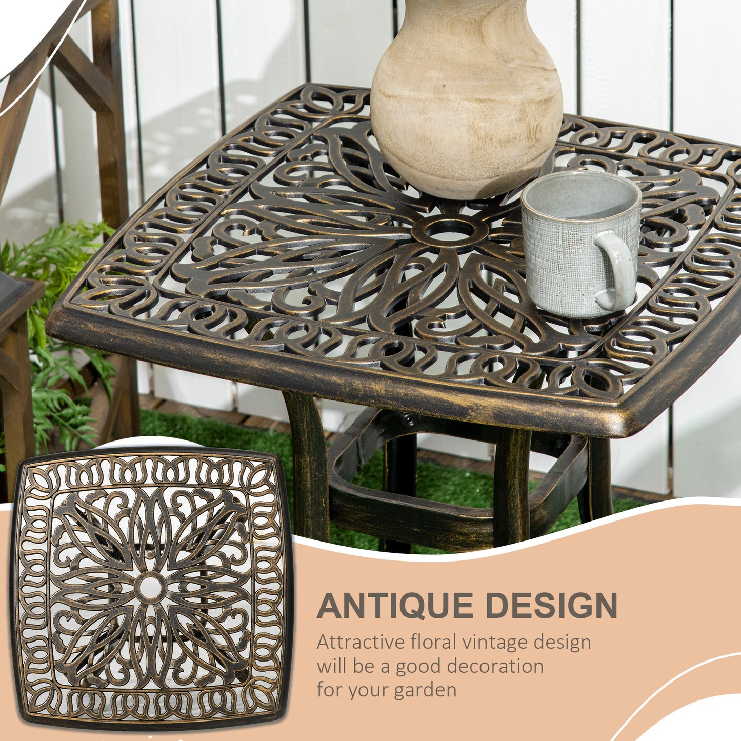 Aluminum Outdoor Side Table, 21" Square Patio Coffee Table with Umbrella Hole, Bistro End Table for Garden, Balcony, Poolside, Bronze