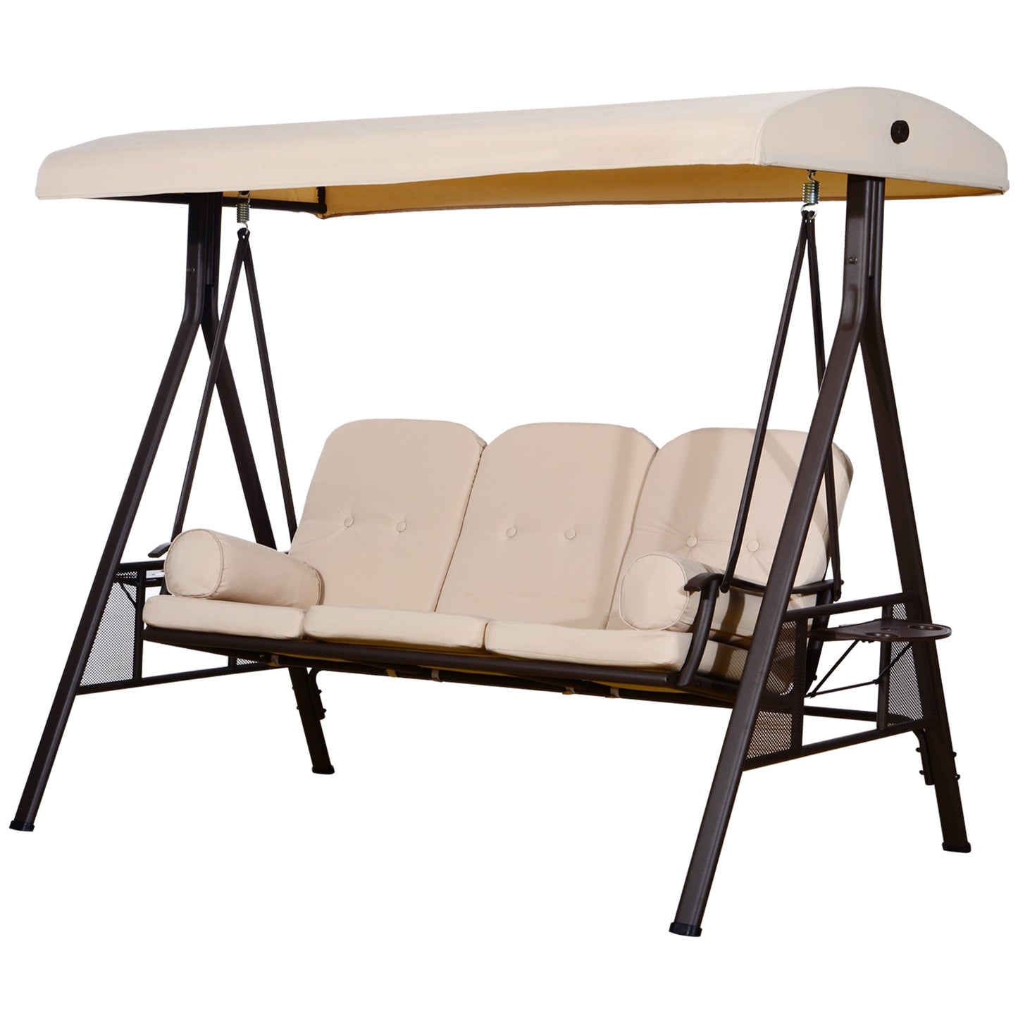 3 Seater Porch Swing Heavy Duty Outdoor Swing Chair Outdoor Lounge Hammock Cushioned Seat w/ Tilt Canopy, Beige