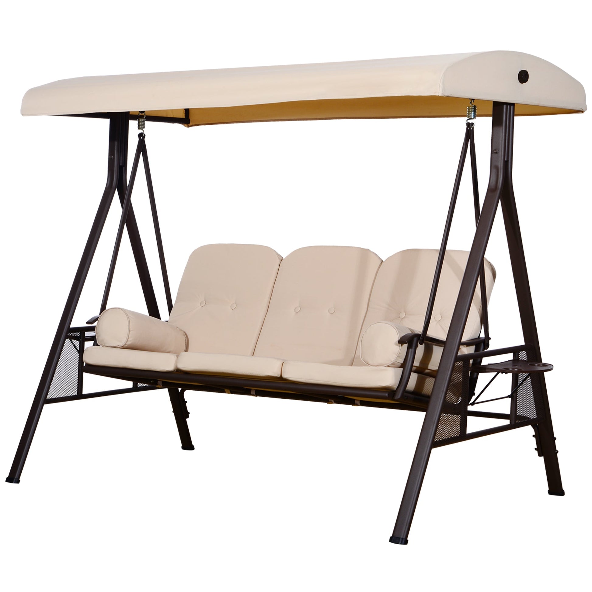 3 Seater Porch Swing Heavy Duty Outdoor Swing Chair Outdoor Lounge Hammock Cushioned Seat w/ Tilt Canopy, Beige