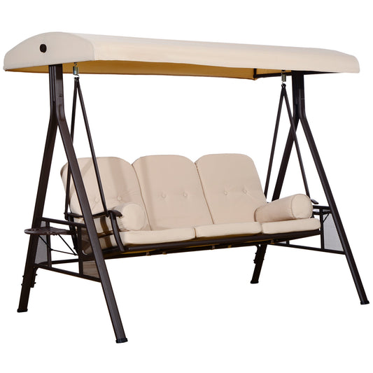 3 Seater Porch Swing Heavy Duty Outdoor Swing Chair Outdoor Lounge Hammock Cushioned Seat w/ Tilt Canopy, Beige
