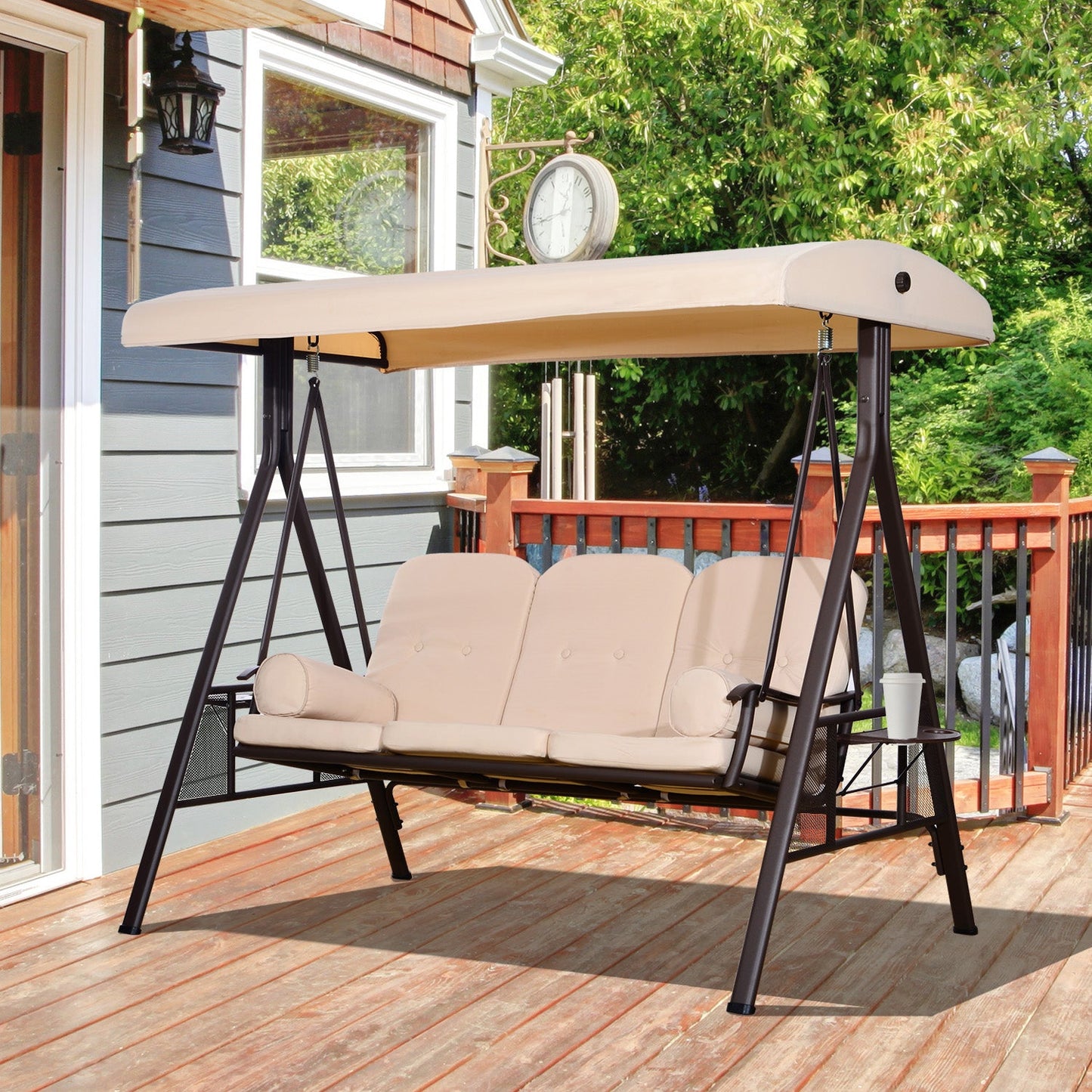 3 Seater Porch Swing Heavy Duty Outdoor Swing Chair Outdoor Lounge Hammock Cushioned Seat w/ Tilt Canopy, Beige