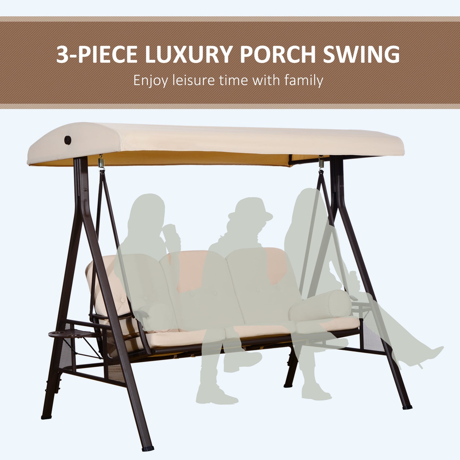 3 Seater Porch Swing Heavy Duty Outdoor Swing Chair Outdoor Lounge Hammock Cushioned Seat w/ Tilt Canopy, Beige