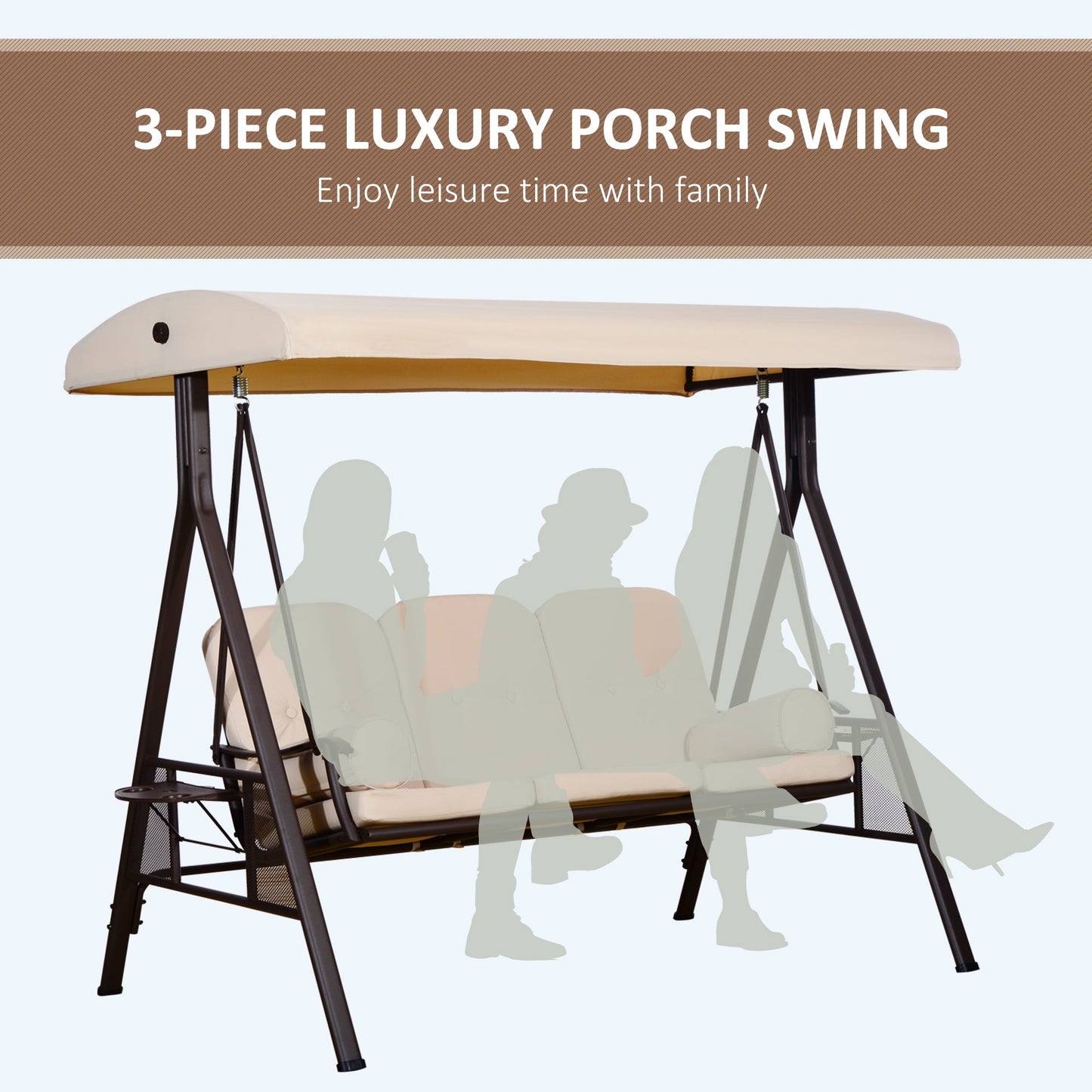 3 Seater Porch Swing Heavy Duty Outdoor Swing Chair Outdoor Lounge Hammock Cushioned Seat w/ Tilt Canopy, Beige