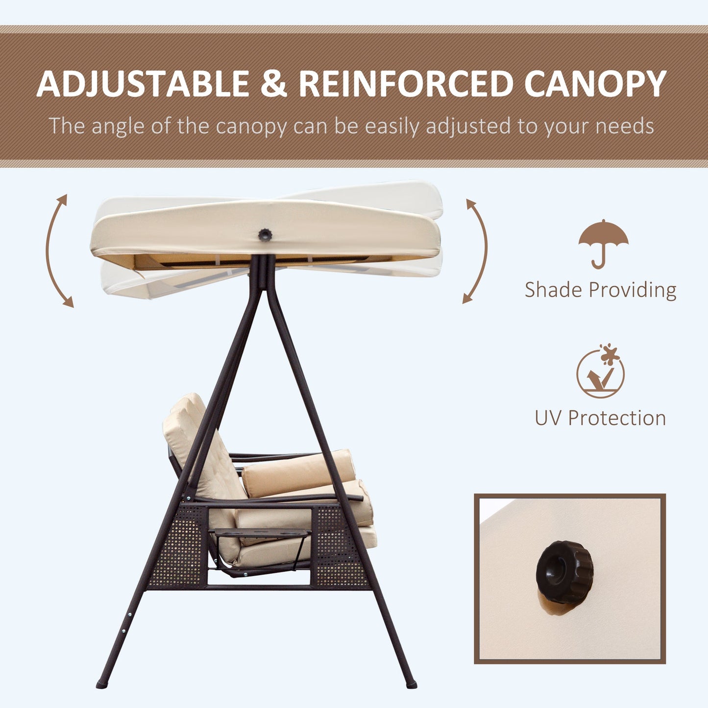 3 Seater Porch Swing Heavy Duty Outdoor Swing Chair Outdoor Lounge Hammock Cushioned Seat w/ Tilt Canopy, Beige