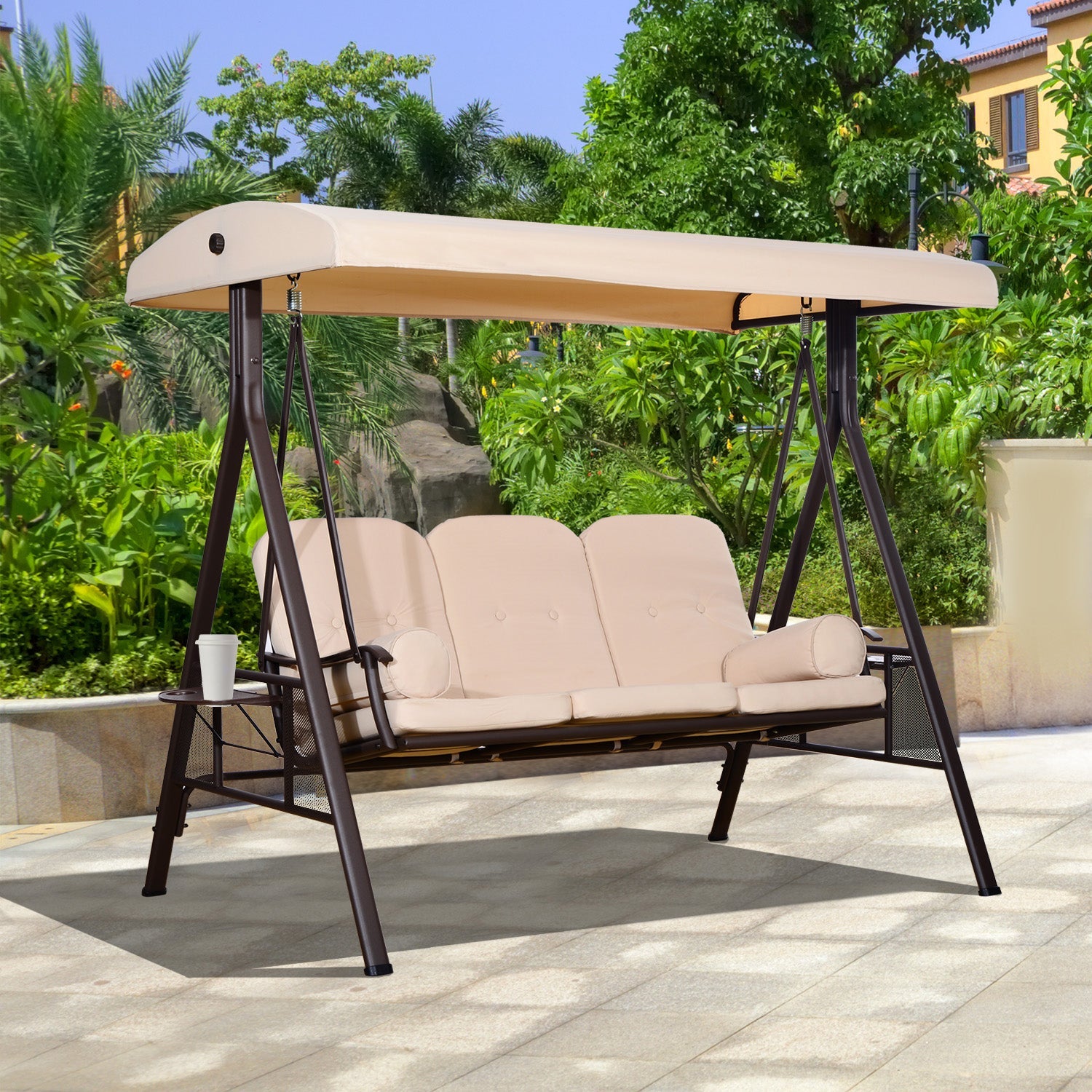 3 Seater Porch Swing Heavy Duty Outdoor Swing Chair Outdoor Lounge Hammock Cushioned Seat w/ Tilt Canopy, Beige