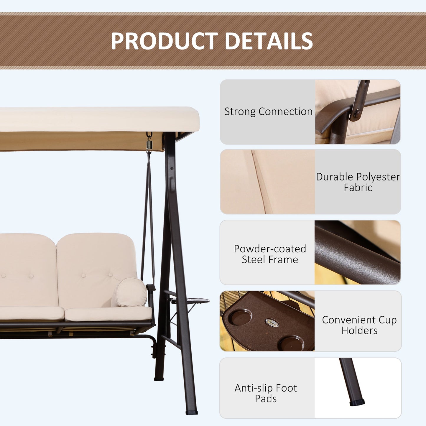 3 Seater Porch Swing Heavy Duty Outdoor Swing Chair Outdoor Lounge Hammock Cushioned Seat w/ Tilt Canopy, Beige