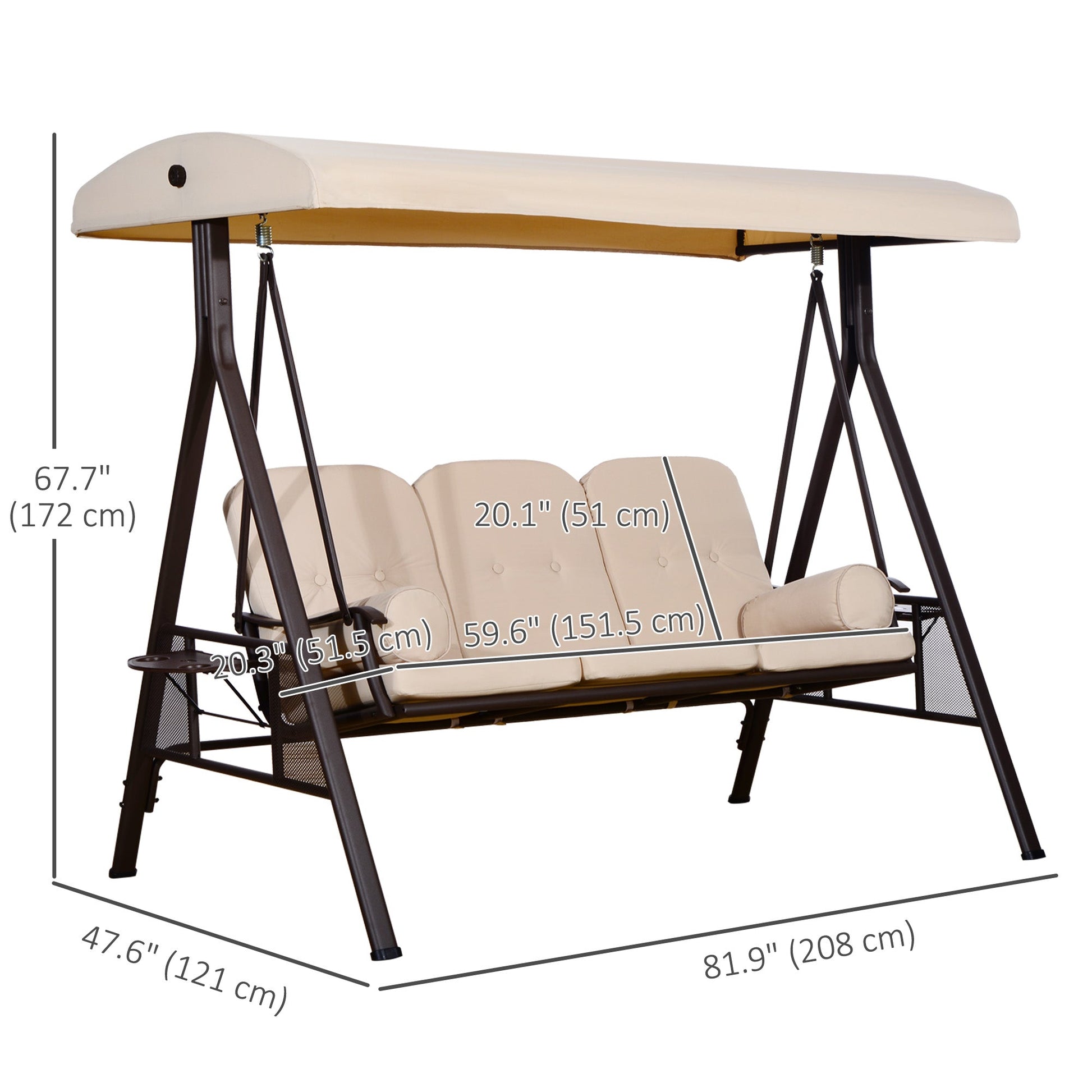 3 Seater Porch Swing Heavy Duty Outdoor Swing Chair Outdoor Lounge Hammock Cushioned Seat w/ Tilt Canopy, Beige