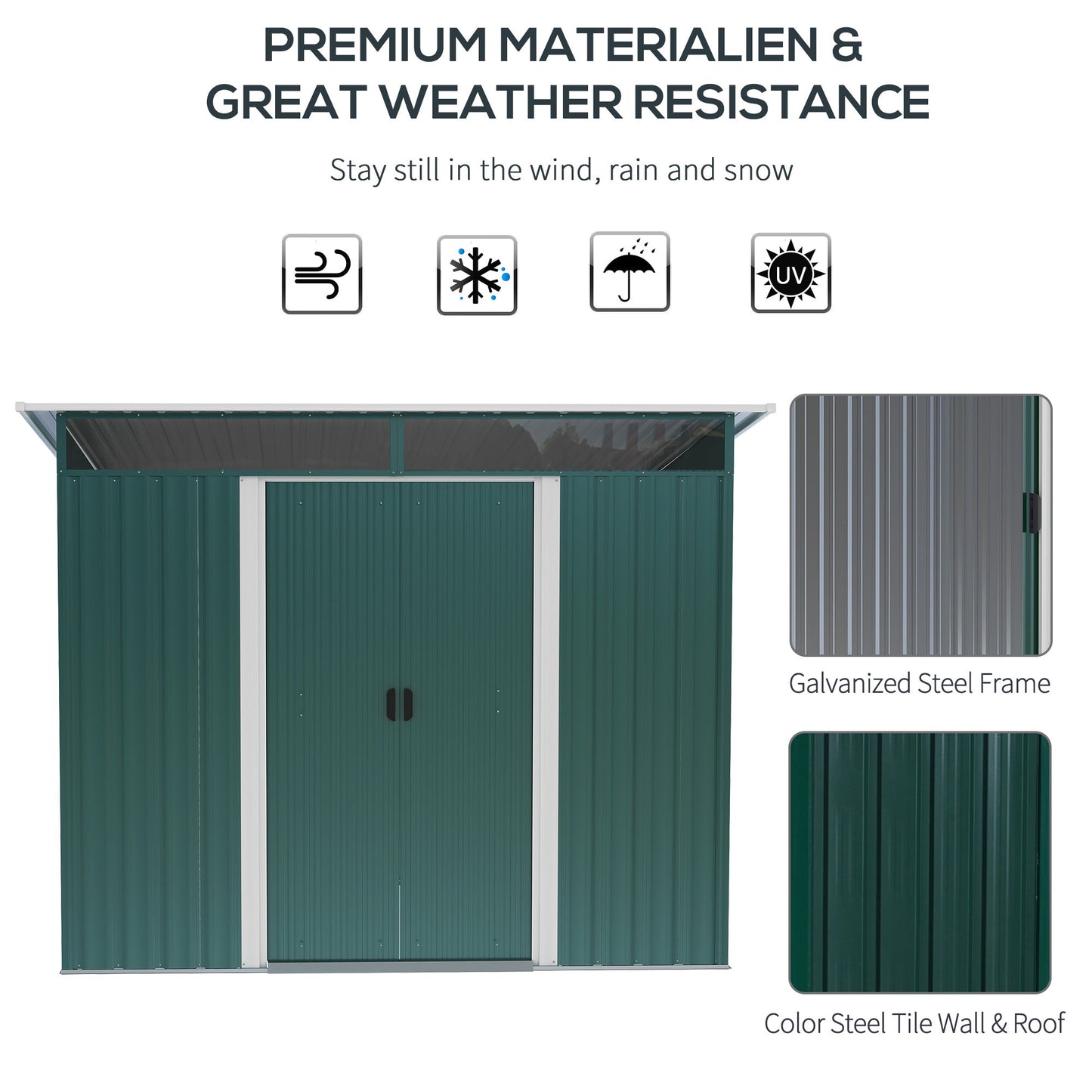 8.5' x 6' Garden Storage Shed with Skylight, Metal Outdoor Shed Tool House with Double Doors for Patio Yard, Dark Green
