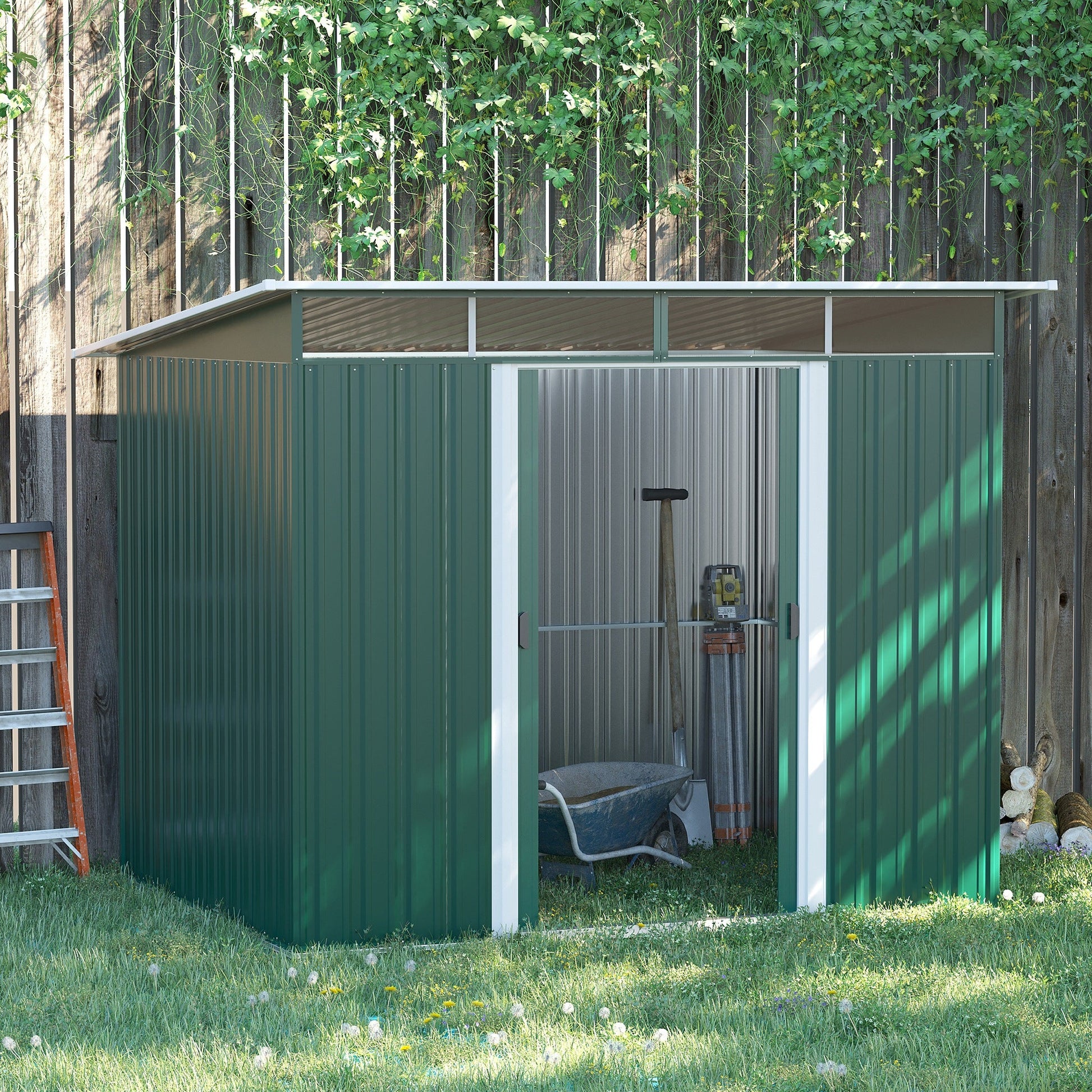 8.5' x 6' Garden Storage Shed with Skylight, Metal Outdoor Shed Tool House with Double Doors for Patio Yard, Dark Green