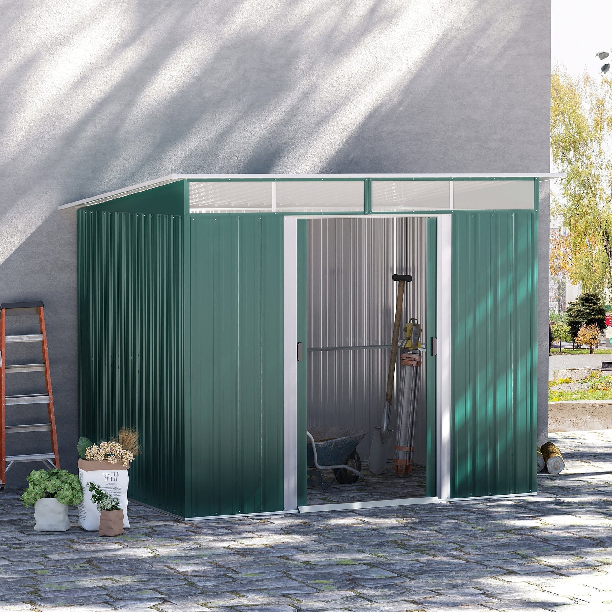 8.5' x 6' Garden Storage Shed with Skylight, Metal Outdoor Shed Tool House with Double Doors for Patio Yard, Dark Green