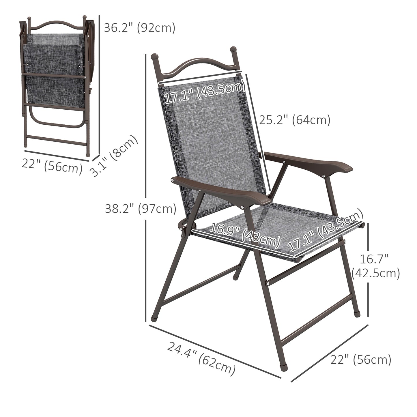 Outdoor Dining Chairs Set of 2, Folding Outdoor Patio Chairs with Armrests, Mesh Seat, High Backrest, All Weather for Backyard, Balcony, Porch, Poolside, Deck, Grey