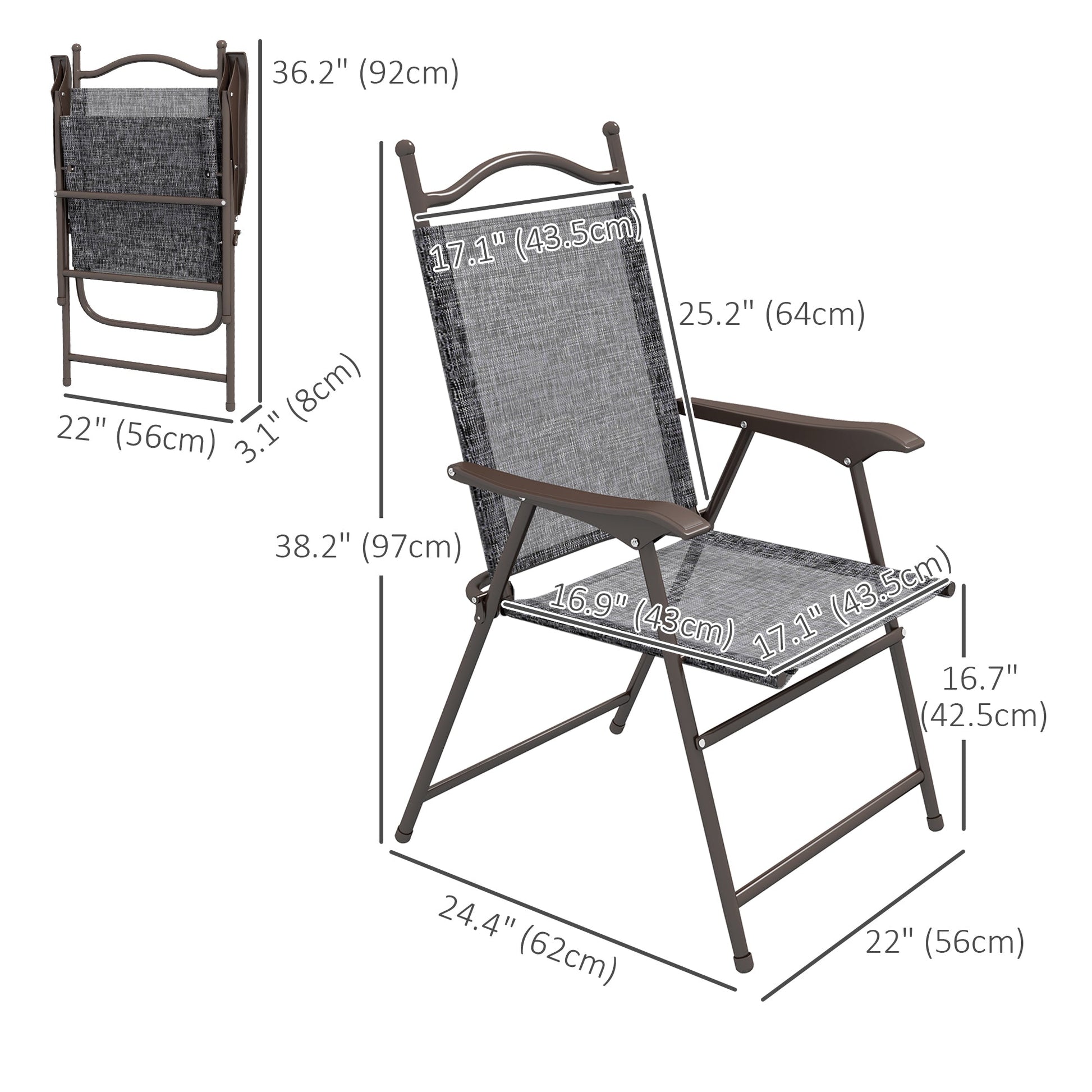 Outdoor Dining Chairs Set of 2, Folding Outdoor Patio Chairs with Armrests, Mesh Seat, High Backrest, All Weather for Backyard, Balcony, Porch, Poolside, Deck, Grey