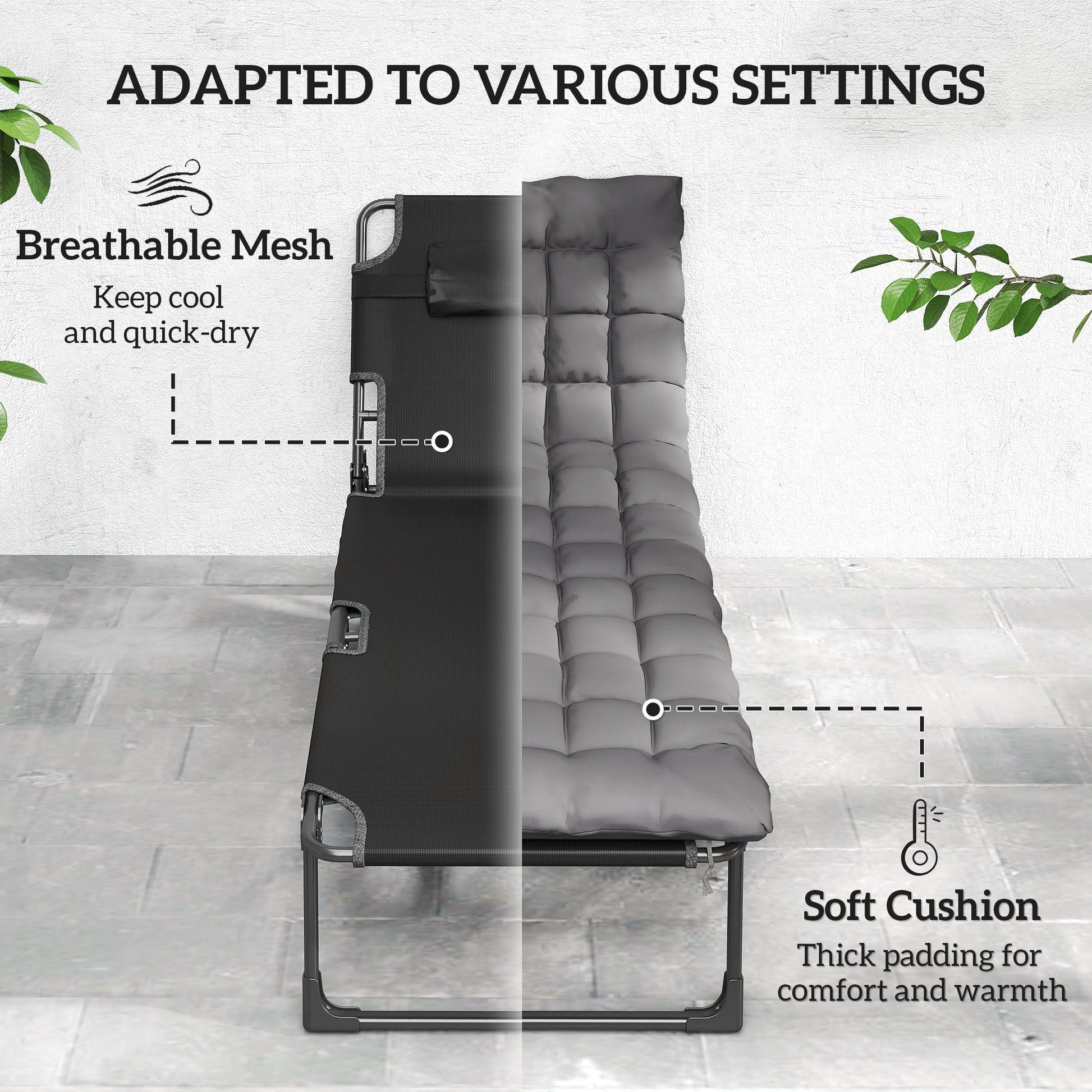 Lounge Chair Outdoor Set of 2, 75 cm Wide Folding Chaise Lounge Tanning Chair, 5-Position Beach Patio Lounger Camping Cot Bed with Cushion, Side Pocket, Dark Grey