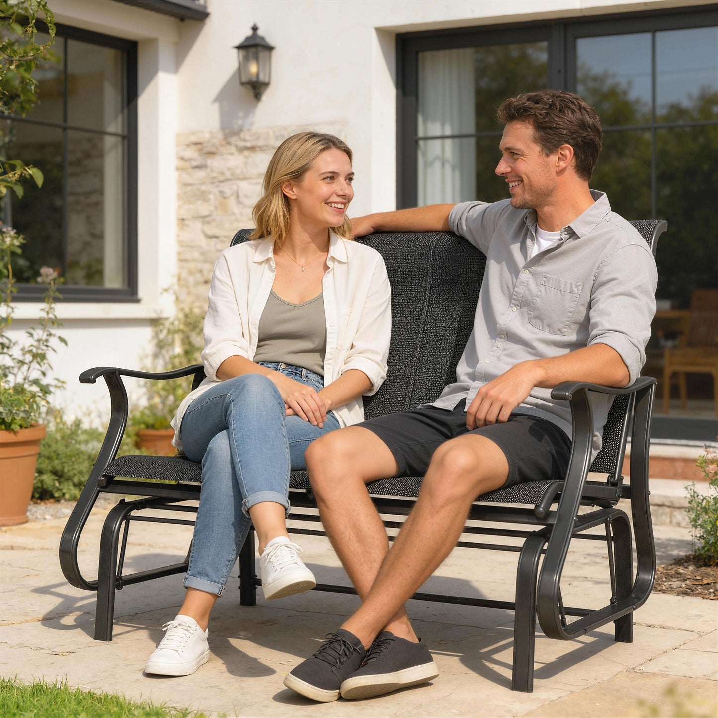 2-Person Outdoor Glider Chair, Patio Glider Rocking Chair with Mesh Seat and Backrest, Steel Frame for Outdoor, Backyard, Black