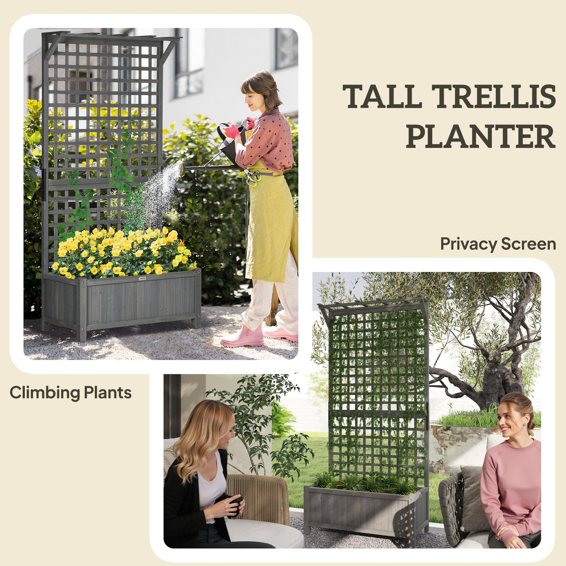 Raised Garden Bed, Wood Planter with Trellis for Vine Climbing, Privacy Screen Planter Box to Grow Vegetables, Herbs, and Flowers for Backyard, Patio, Deck, Dark Grey