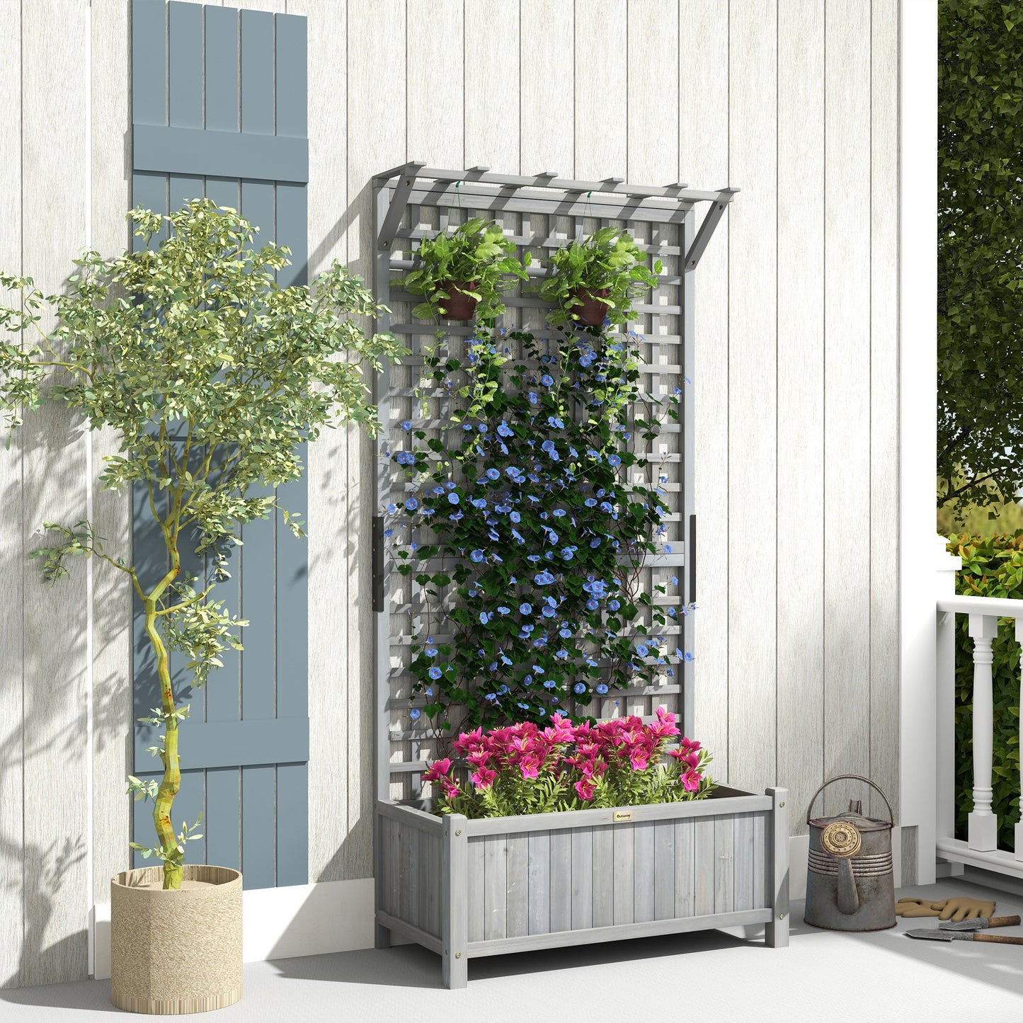 Raised Garden Bed, Wood Planter with Trellis for Vine Climbing, Privacy Screen Planter Box to Grow Vegetables, Herbs, and Flowers for Backyard, Patio, Deck, Dark Grey