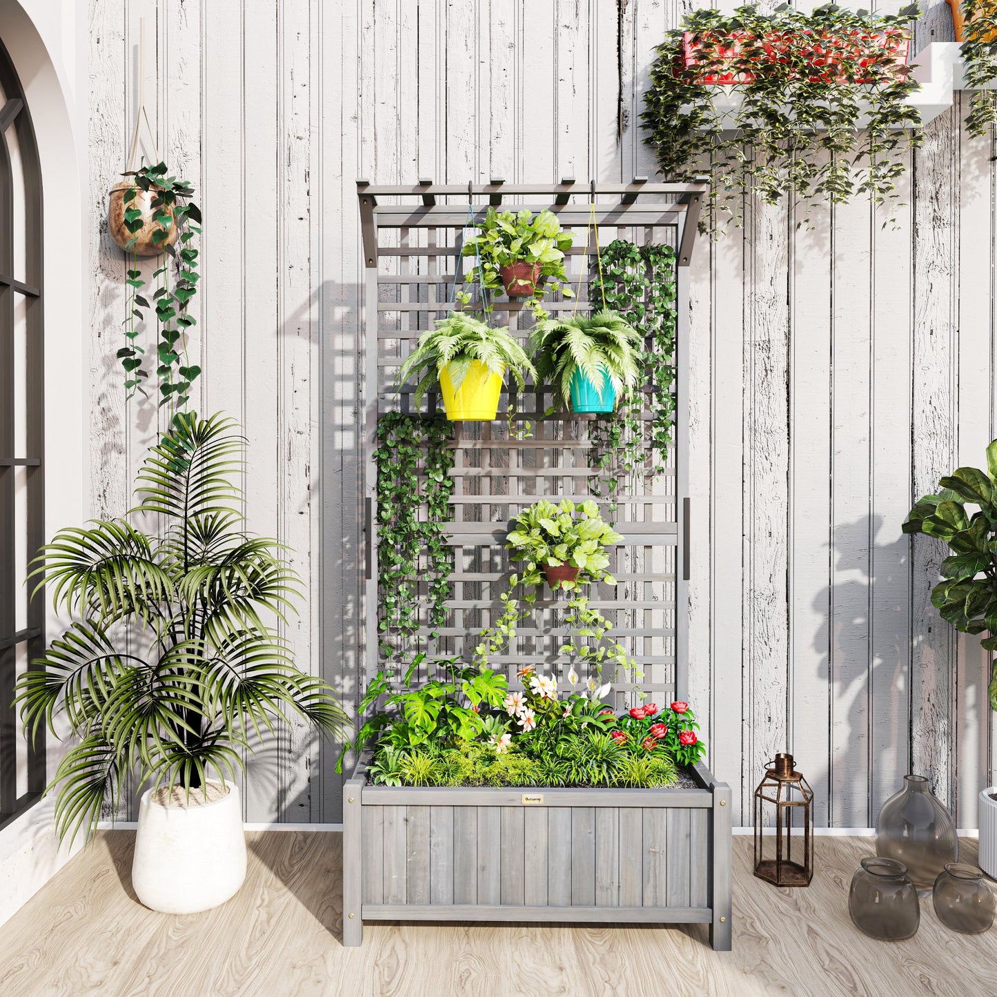 Raised Garden Bed, Wood Planter with Trellis for Vine Climbing, Privacy Screen Planter Box to Grow Vegetables, Herbs, and Flowers for Backyard, Patio, Deck, Dark Grey