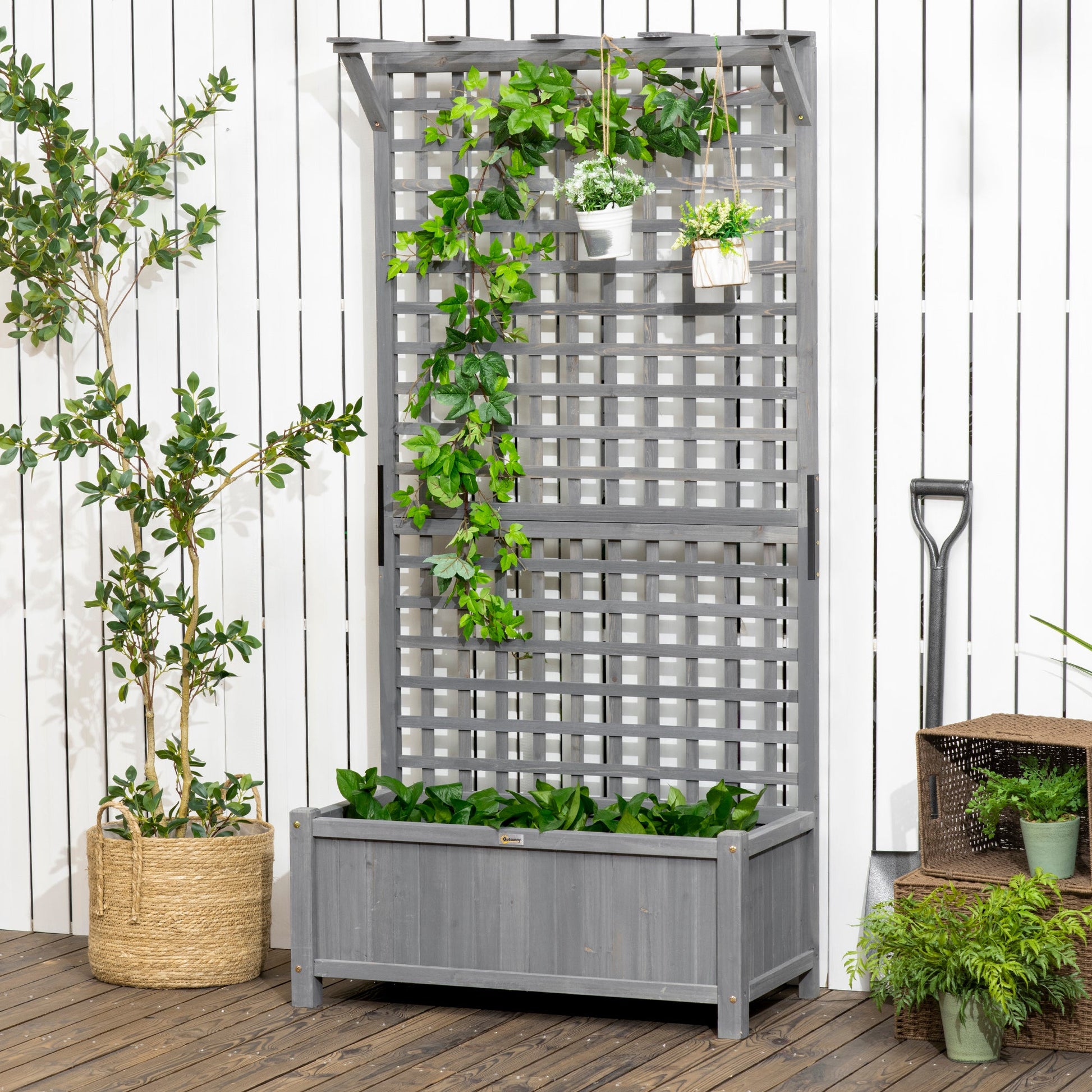 Raised Garden Bed, Wood Planter with Trellis for Vine Climbing, Privacy Screen Planter Box to Grow Vegetables, Herbs, and Flowers for Backyard, Patio, Deck, Dark Grey