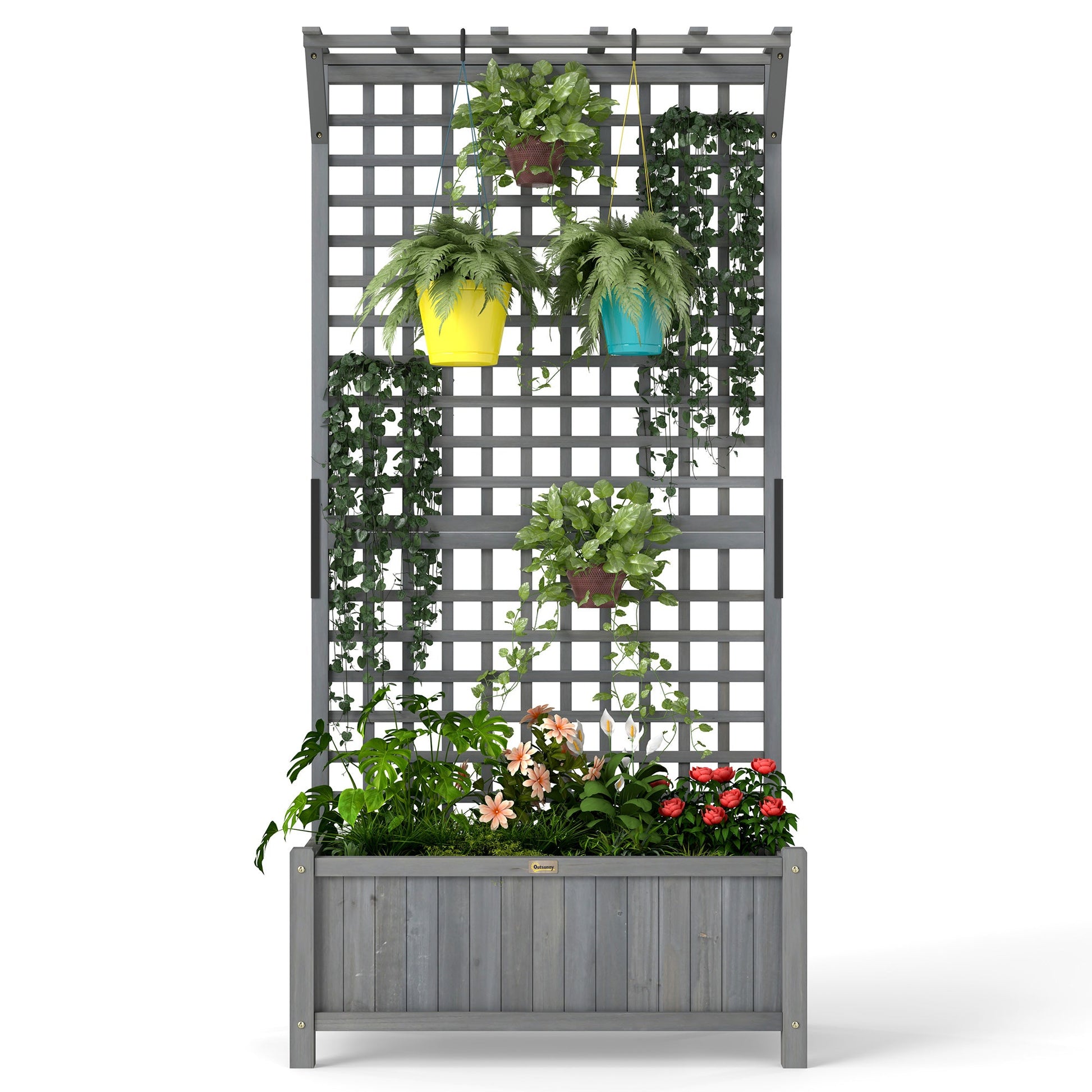 Raised Garden Bed, Wood Planter with Trellis for Vine Climbing, Privacy Screen Planter Box to Grow Vegetables, Herbs, and Flowers for Backyard, Patio, Deck, Dark Grey