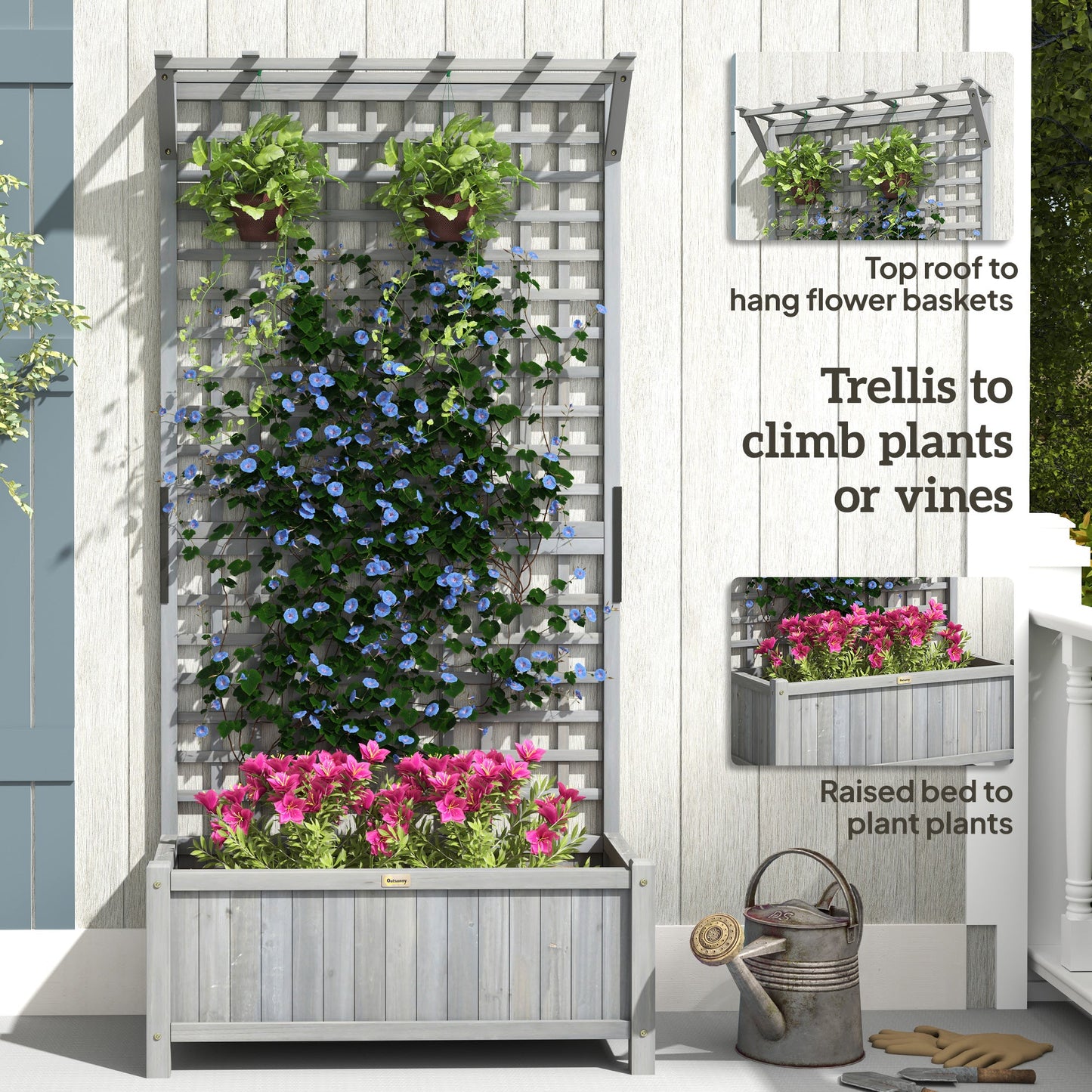 Raised Garden Bed, Wood Planter with Trellis for Vine Climbing, Privacy Screen Planter Box to Grow Vegetables, Herbs, and Flowers for Backyard, Patio, Deck, Dark Grey