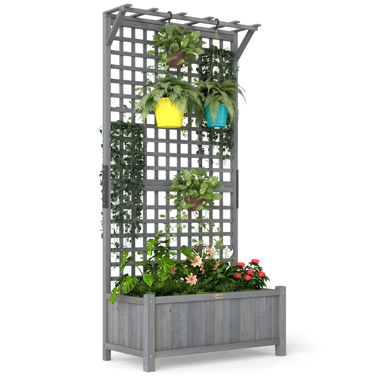 Raised Garden Bed, Wood Planter with Trellis for Vine Climbing, Privacy Screen Planter Box to Grow Vegetables, Herbs, and Flowers for Backyard, Patio, Deck, Dark Grey
