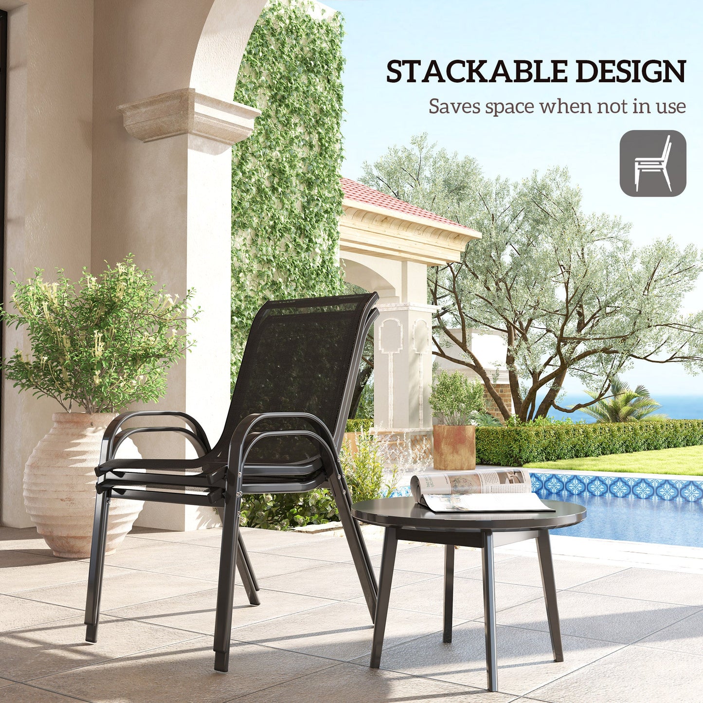Outdoor Dining Chairs Set of 2, Stackable Patio Dining Chairs, High Back Lawn Chairs with Breathable Mesh Seat, Metal Frame for Garden Backyard Porch, Black