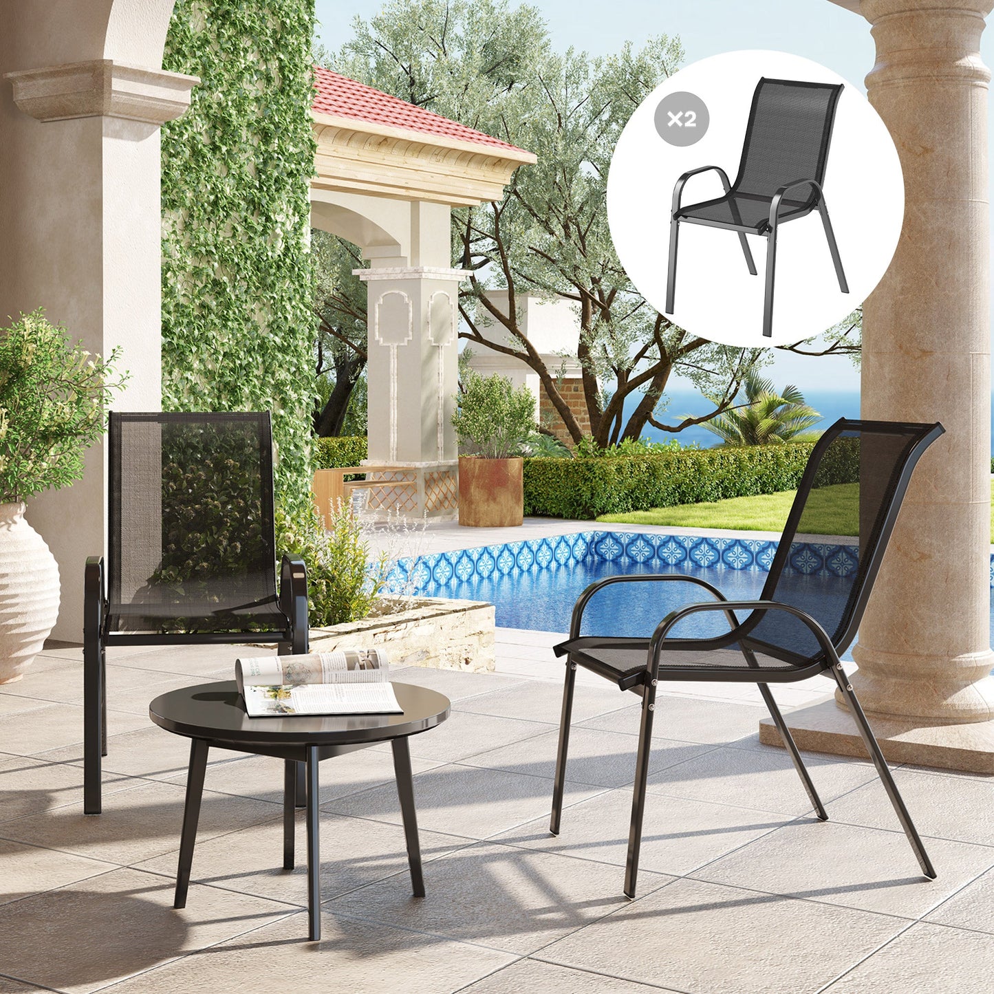 Outdoor Dining Chairs Set of 2, Stackable Patio Dining Chairs, High Back Lawn Chairs with Breathable Mesh Seat, Metal Frame for Garden Backyard Porch, Black