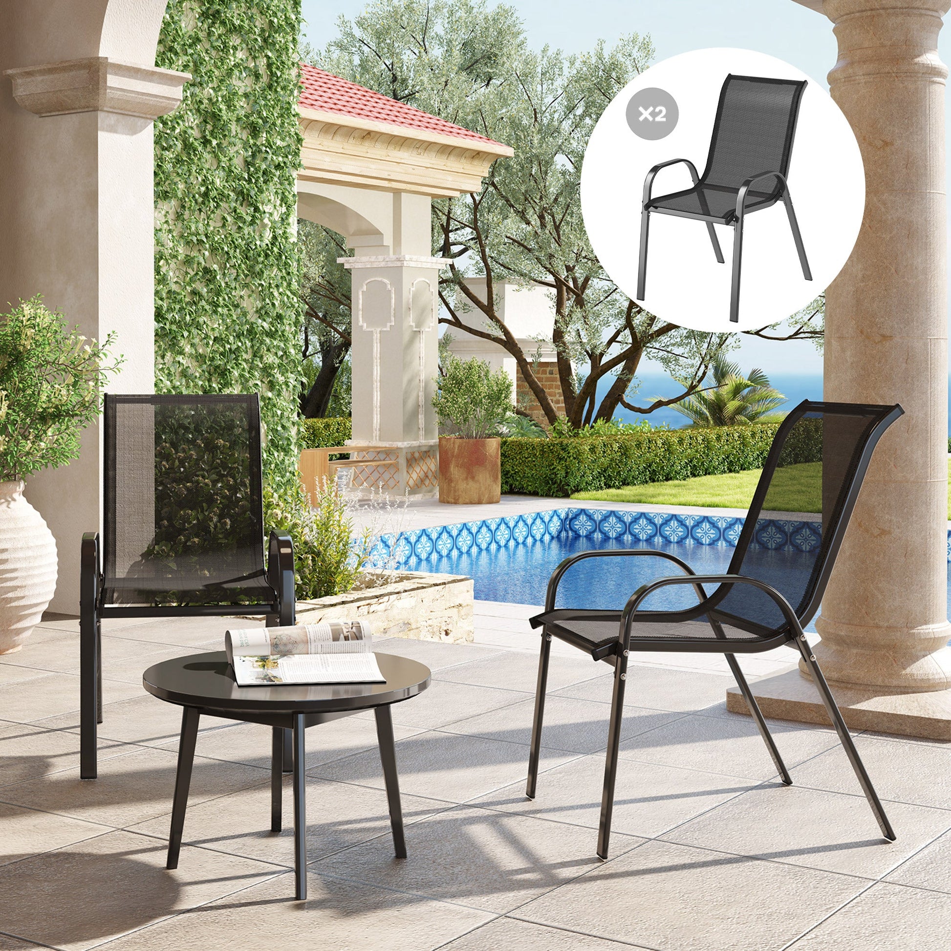 Outdoor Dining Chairs Set of 2, Stackable Patio Dining Chairs, High Back Lawn Chairs with Breathable Mesh Seat, Metal Frame for Garden Backyard Porch, Black