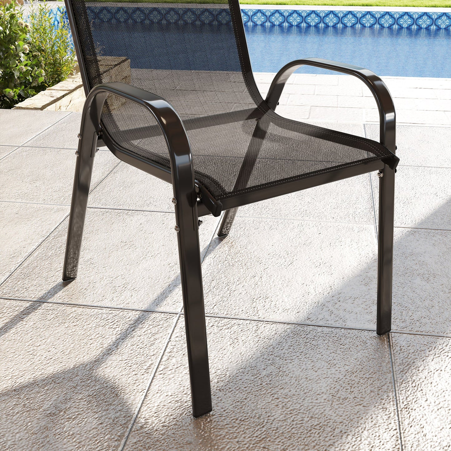 Outdoor Dining Chairs Set of 2, Stackable Patio Dining Chairs, High Back Lawn Chairs with Breathable Mesh Seat, Metal Frame for Garden Backyard Porch, Black