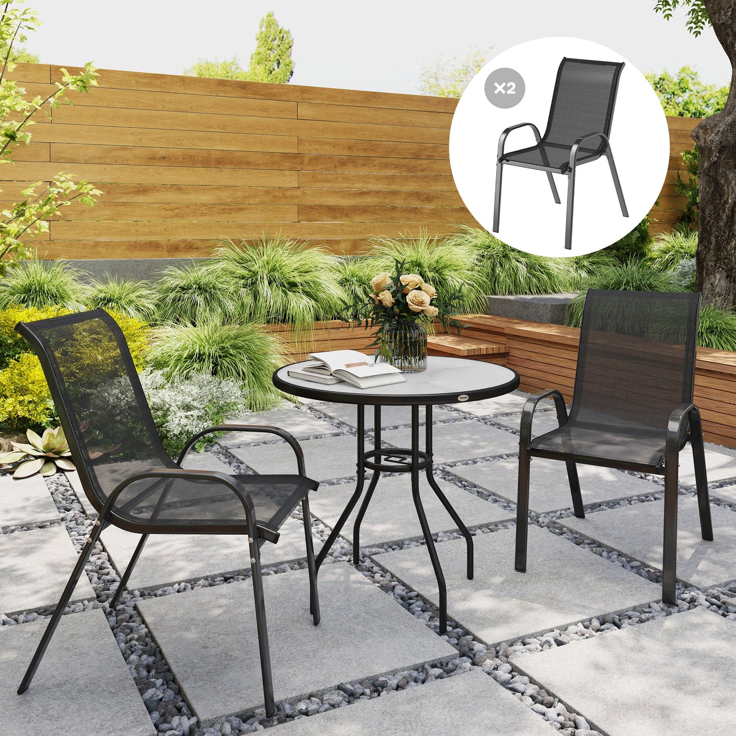 Outdoor Dining Chairs Set of 2, Stackable Patio Dining Chairs, High Back Lawn Chairs with Breathable Mesh Seat, Metal Frame for Garden Backyard Porch, Black