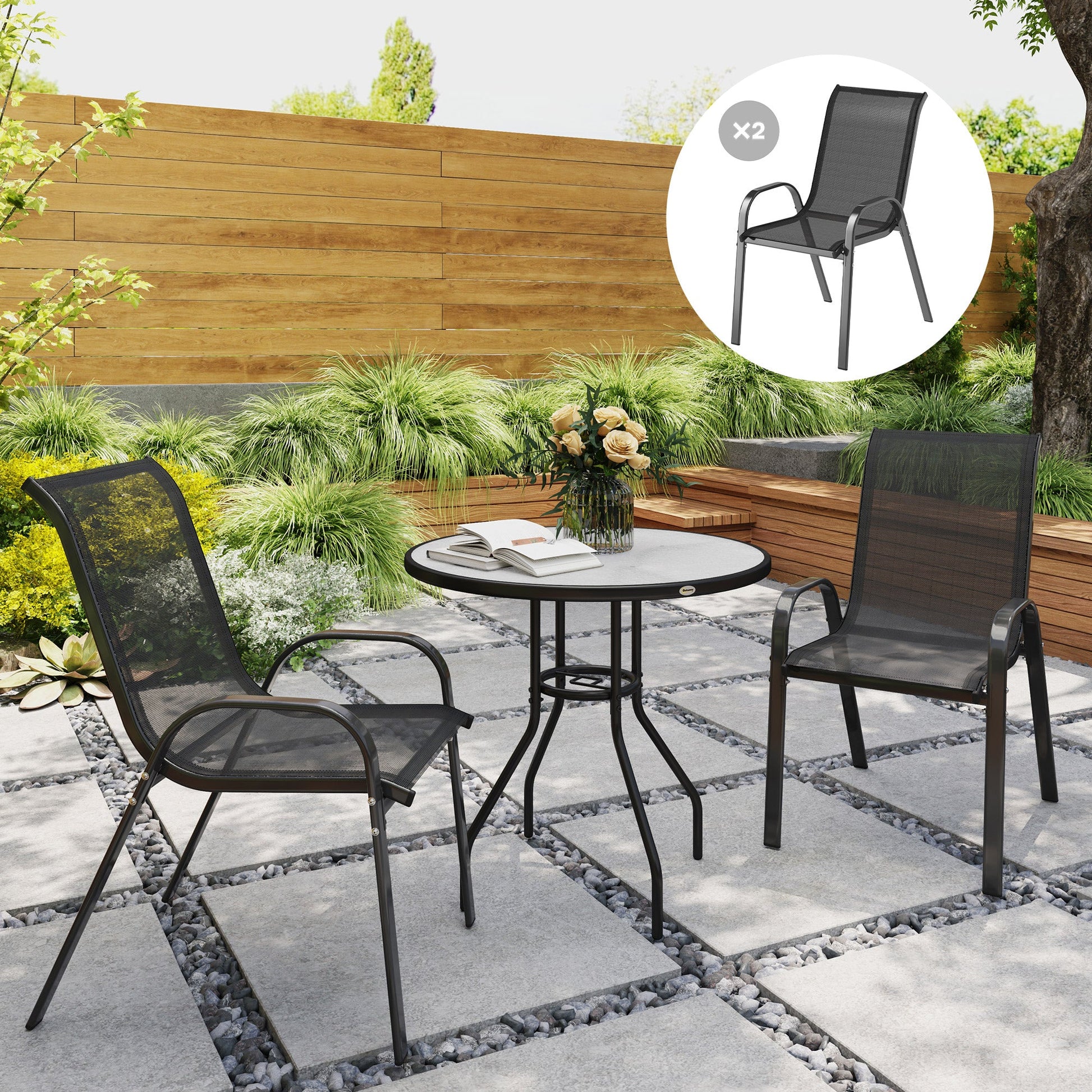 Outdoor Dining Chairs Set of 2, Stackable Patio Dining Chairs, High Back Lawn Chairs with Breathable Mesh Seat, Metal Frame for Garden Backyard Porch, Black