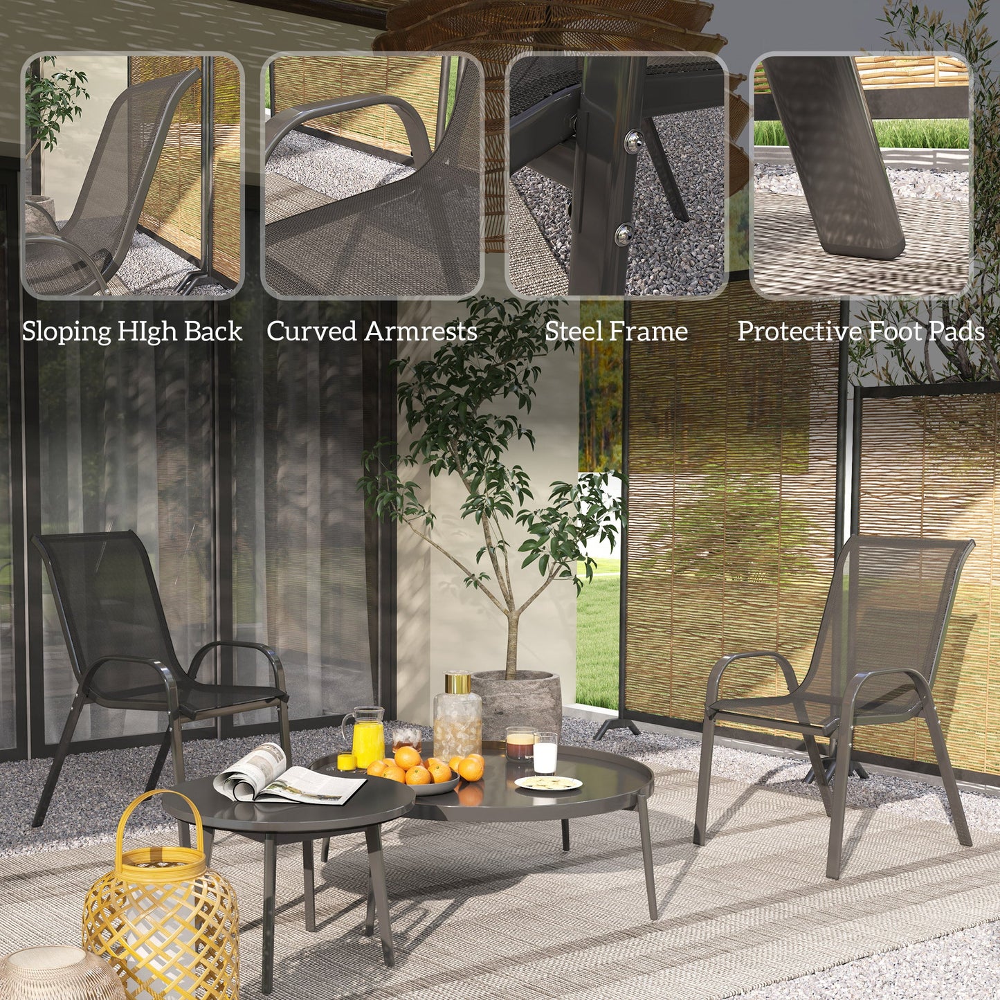 Outdoor Dining Chairs Set of 2, Stackable Patio Dining Chairs, High Back Lawn Chairs with Breathable Mesh Seat, Metal Frame for Garden Backyard Porch, Black