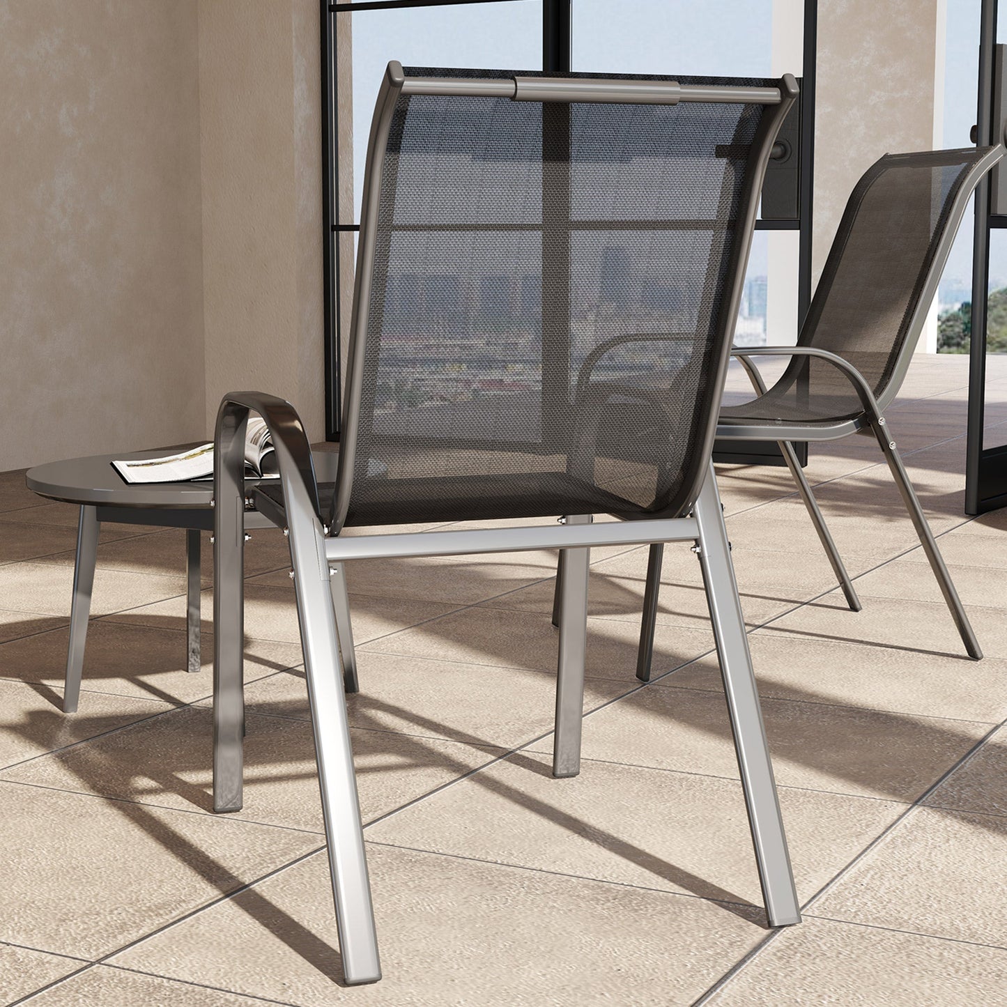Outdoor Dining Chairs Set of 2, Stackable Patio Dining Chairs, High Back Lawn Chairs with Breathable Mesh Seat, Metal Frame for Garden Backyard Porch, Black