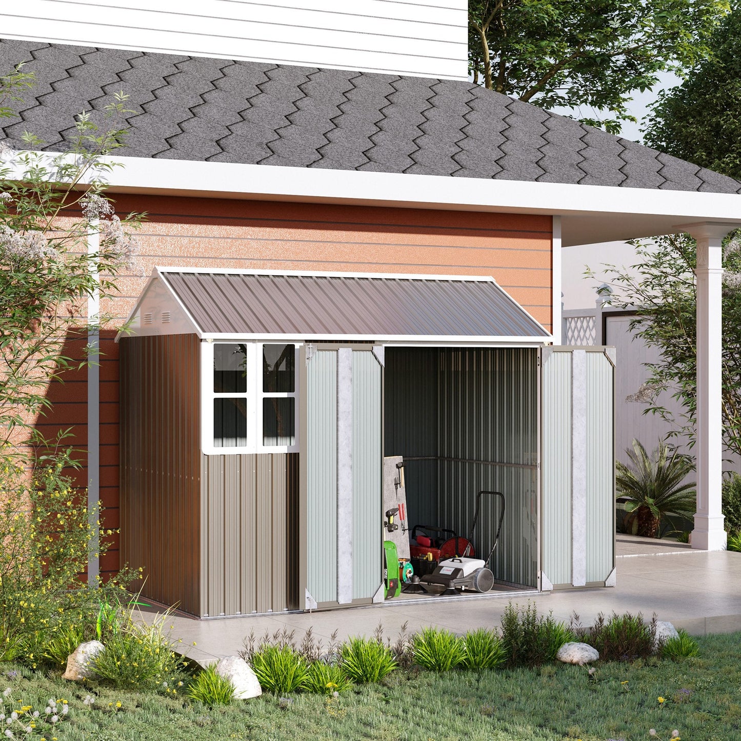 8.5' x 5.5' Outdoor Storage Shed, Metal Garden Shed Storage House with Window, Lockable Door, Vents, for Backyard, Patio, Lawn, Grey