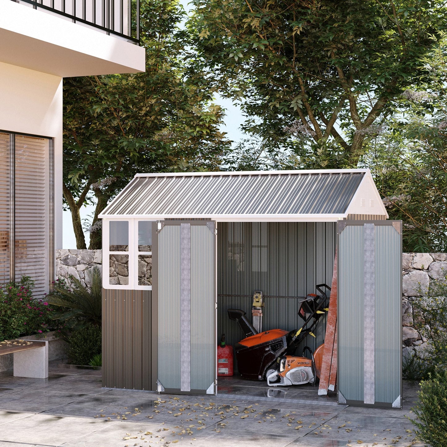 8.5' x 5.5' Outdoor Storage Shed, Metal Garden Shed Storage House with Window, Lockable Door, Vents, for Backyard, Patio, Lawn, Grey