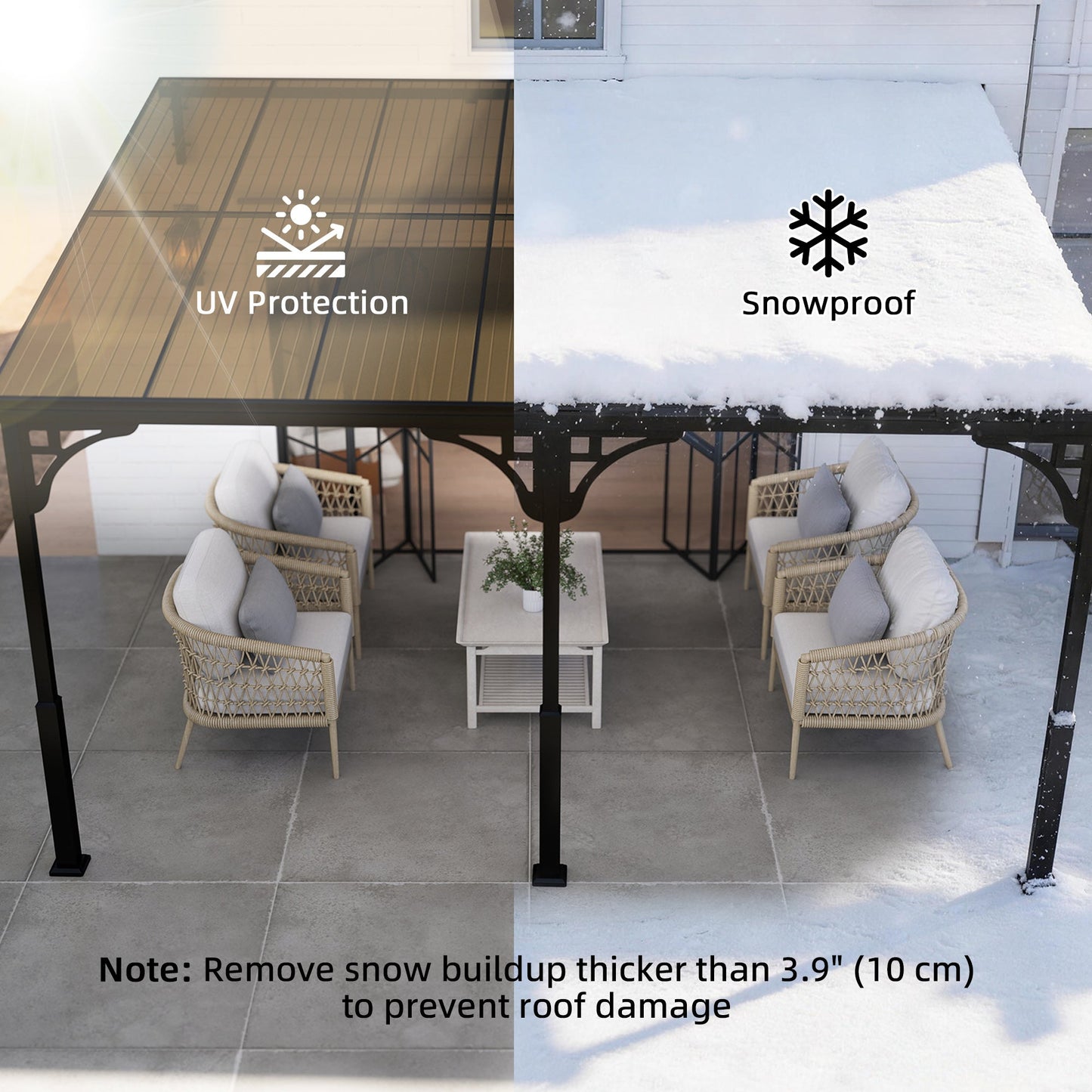 13' x 10' Lean to Gazebo, Hardtop Wall Mounted Outdoor Pergola with Polycarbonate Roof and Metal-Aluminium Frame, Heavy Duty Metal Pergola for Patio Deck Backyard, Brown