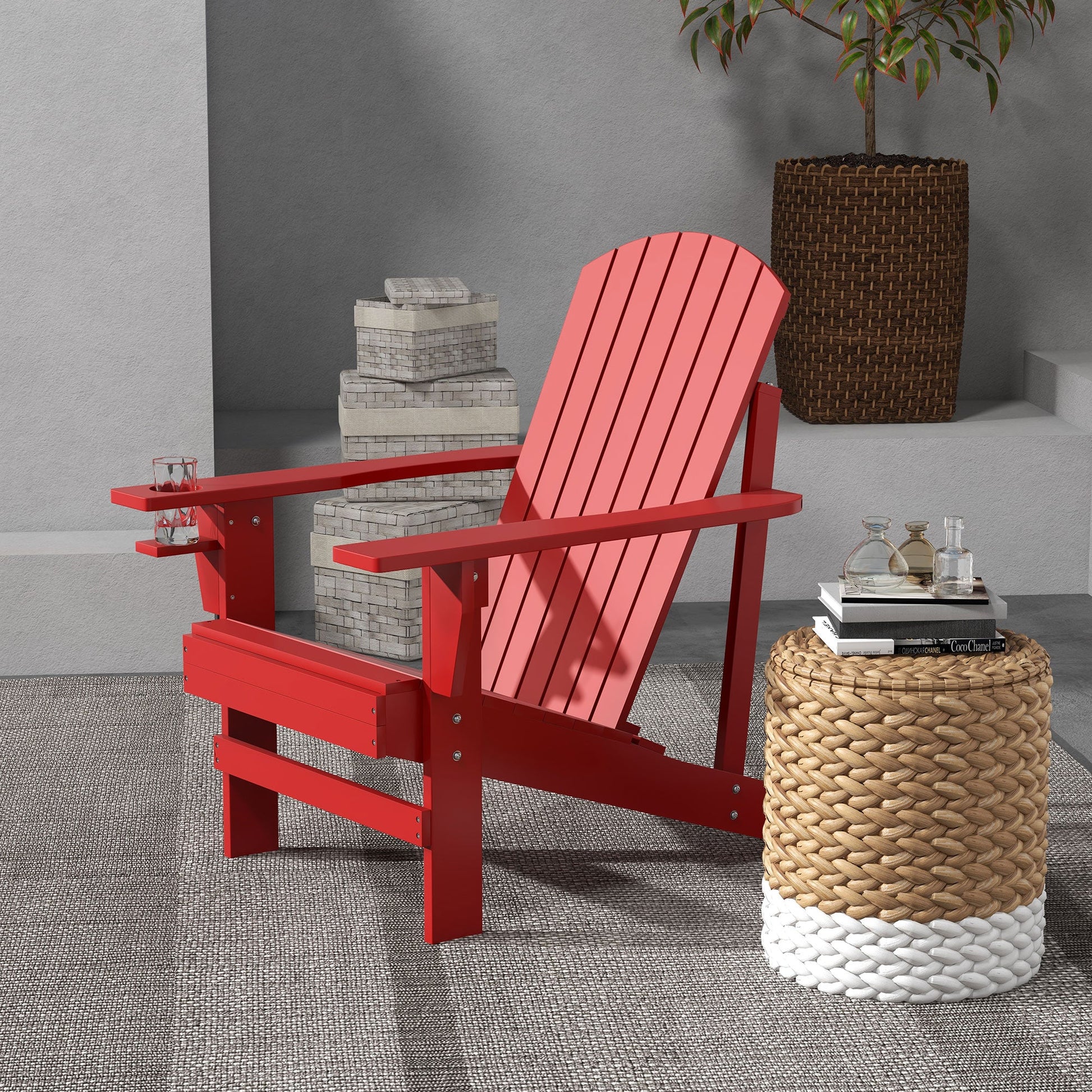 Classic Adirondack Chair Muskoka Chair, Garden Deck Chair with Cup Holder for Patio, Indoor, Backyard, Red