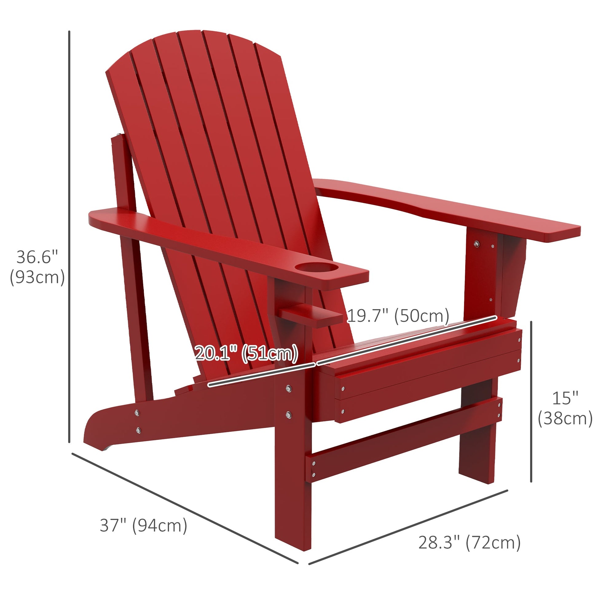 Classic Adirondack Chair Muskoka Chair, Garden Deck Chair with Cup Holder for Patio, Indoor, Backyard, Red
