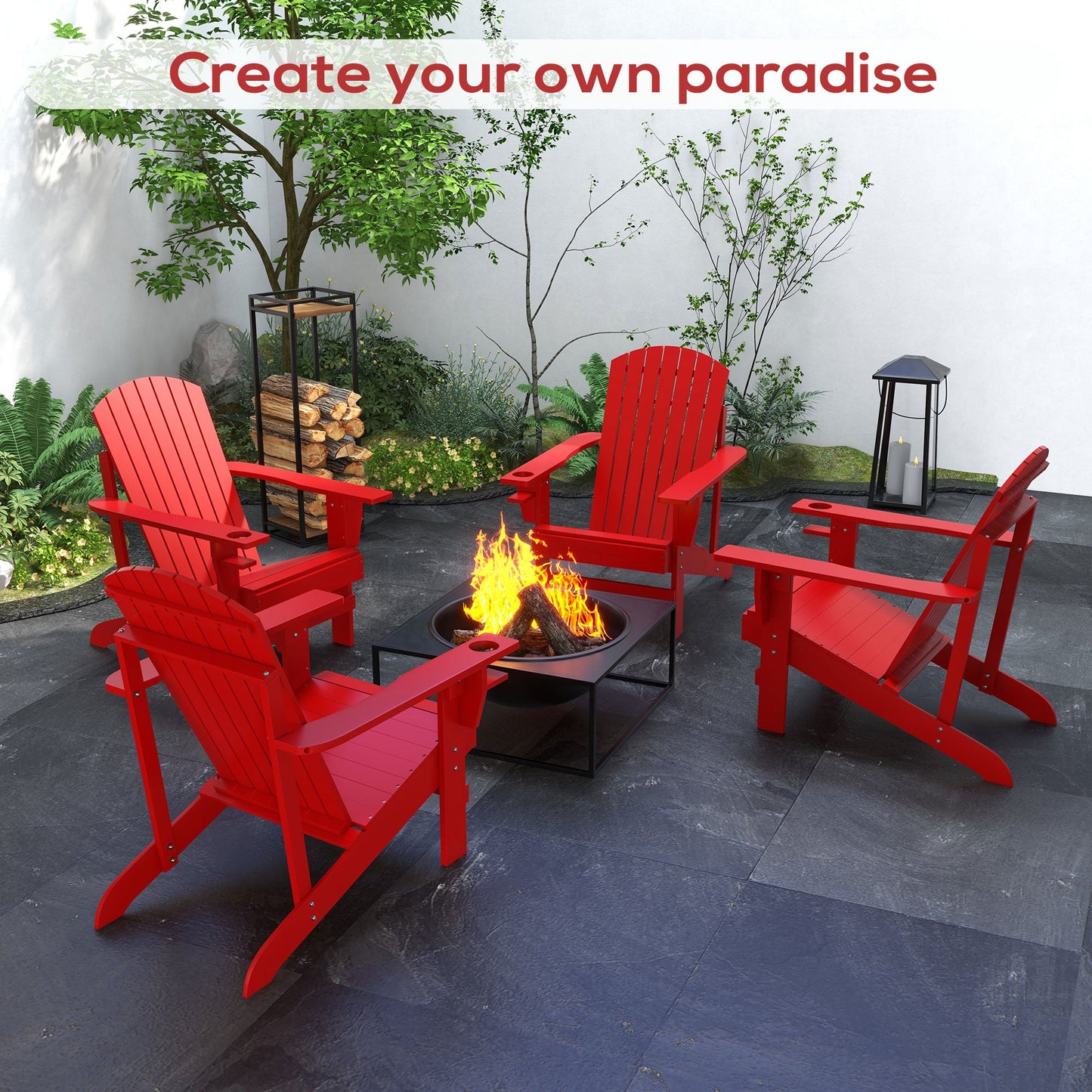 Classic Adirondack Chair Muskoka Chair, Garden Deck Chair with Cup Holder for Patio, Indoor, Backyard, Red