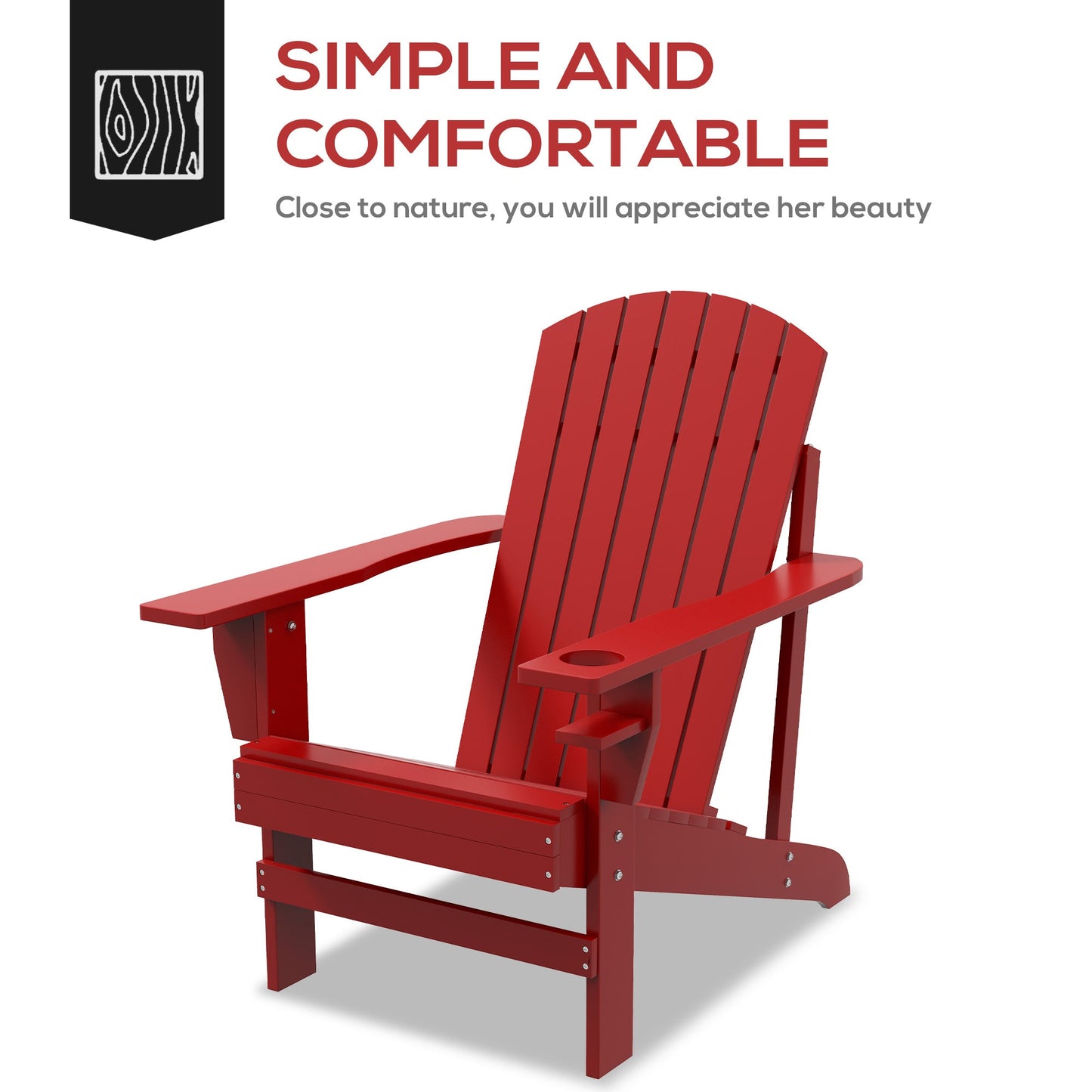 Classic Adirondack Chair Muskoka Chair, Garden Deck Chair with Cup Holder for Patio, Indoor, Backyard, Red