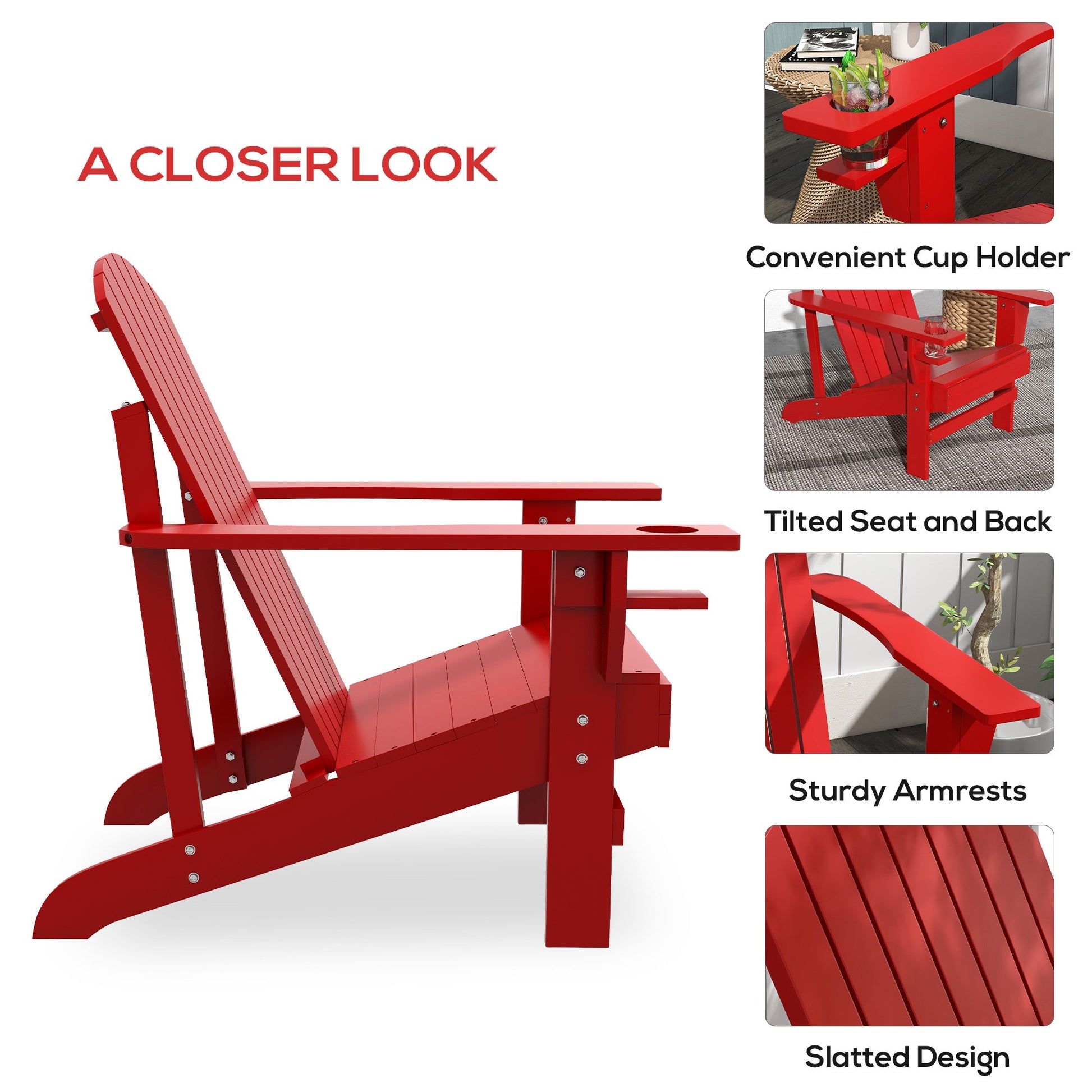 Classic Adirondack Chair Muskoka Chair, Garden Deck Chair with Cup Holder for Patio, Indoor, Backyard, Red
