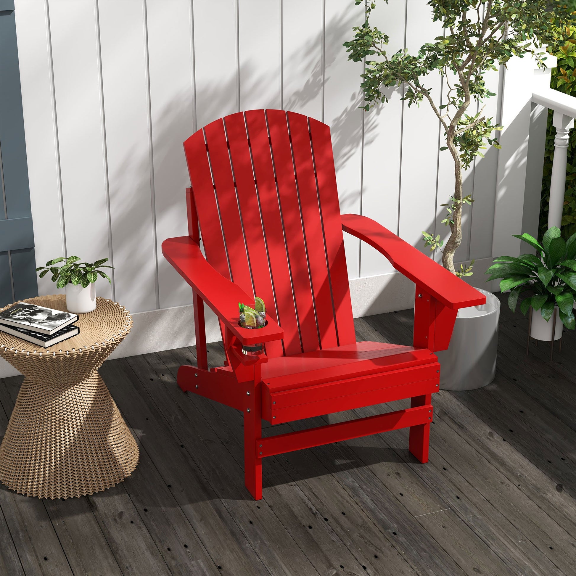 Classic Adirondack Chair Muskoka Chair, Garden Deck Chair with Cup Holder for Patio, Indoor, Backyard, Red